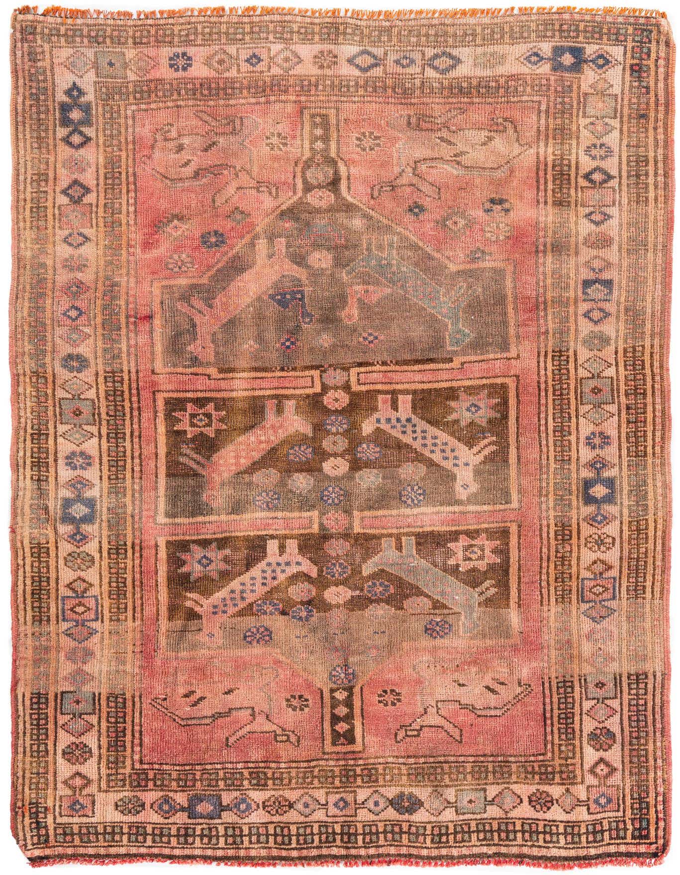 A 4x6 rectangular vintage Persian wool rug featuring faded oranges, reds, and browns with a central medallion and animal motifs.