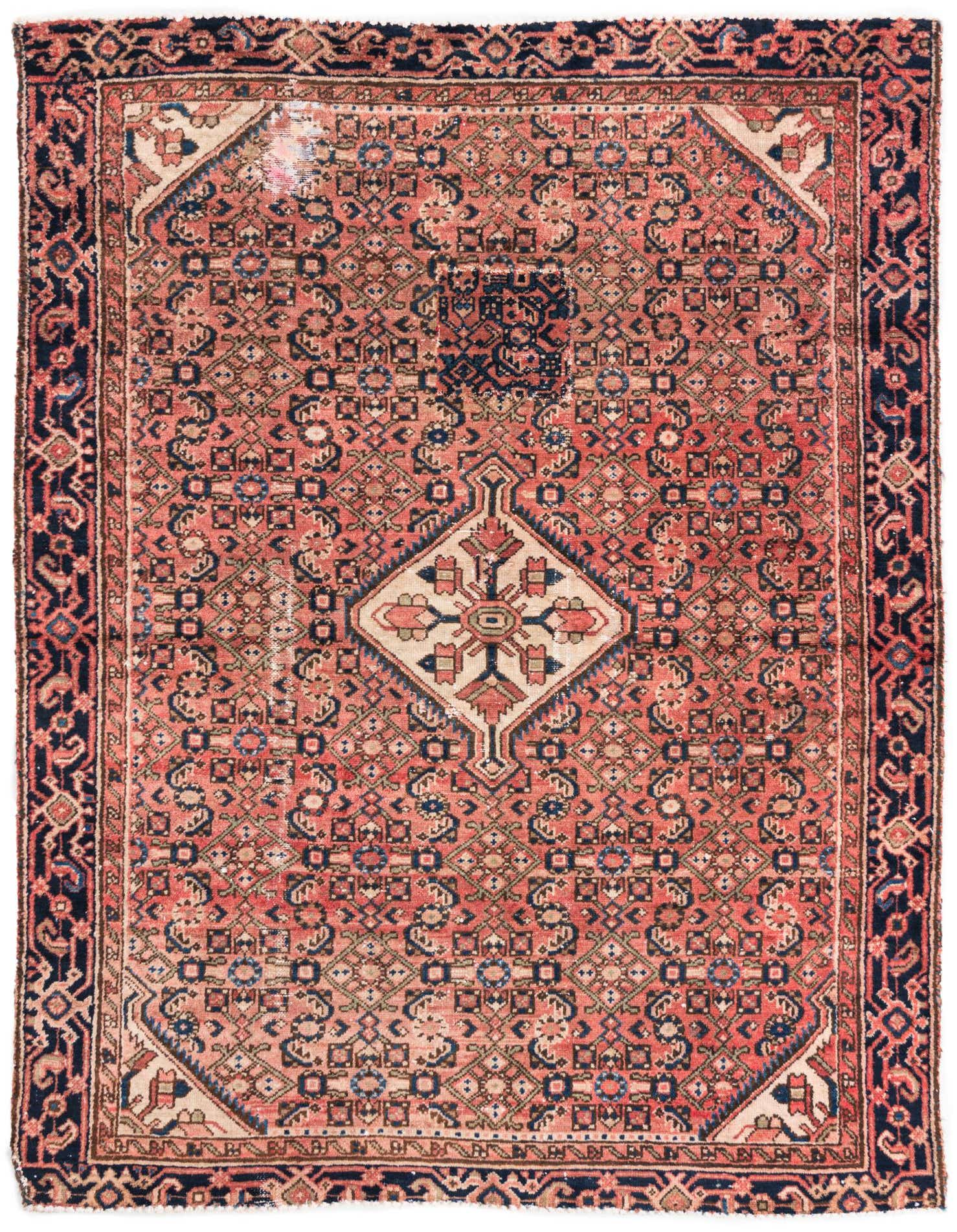 A 4x6 rectangular Ultra Vintage Persian rug with a central medallion in shades of orange, red, and navy blue.