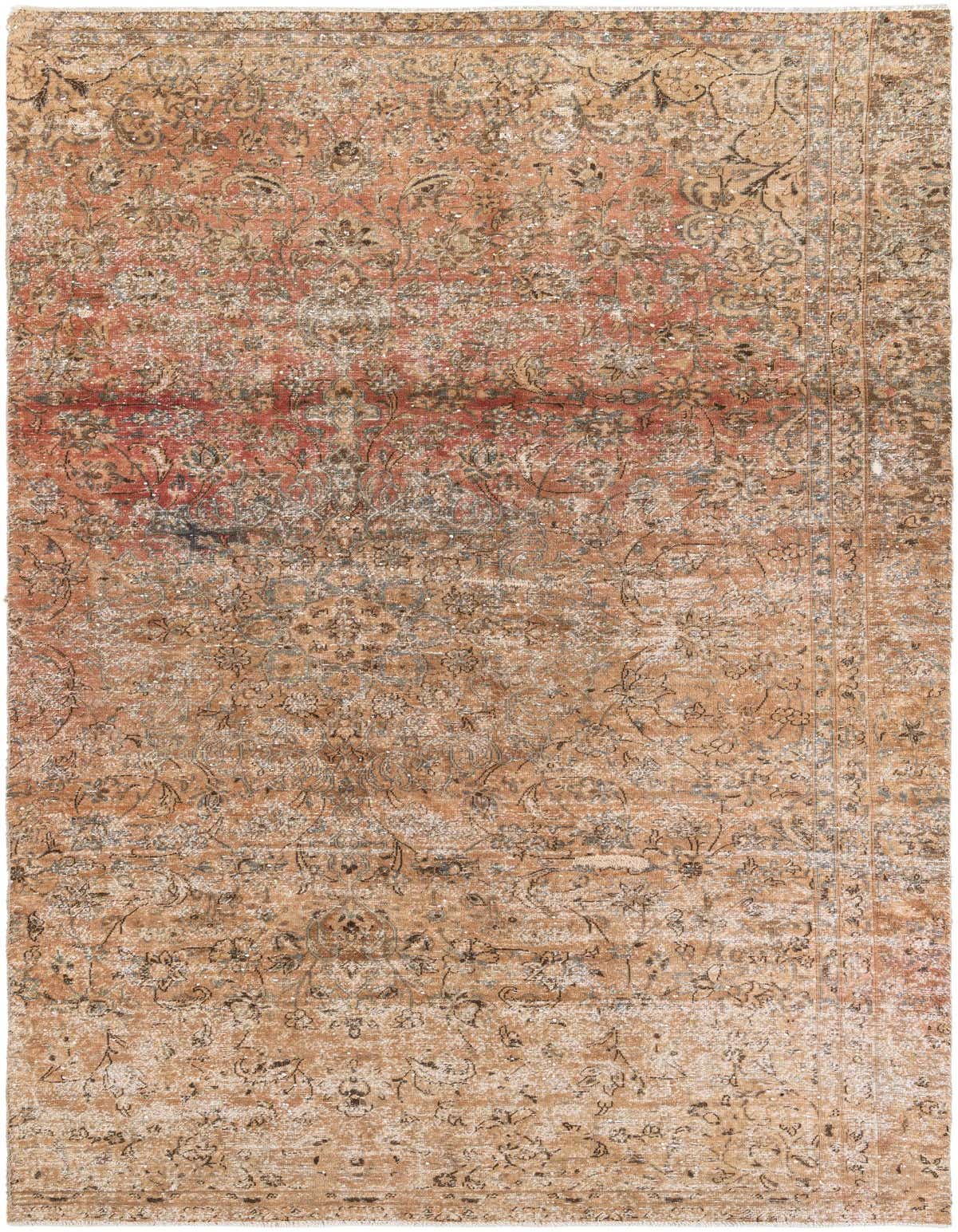 A 7x10 rectangular Ultra Vintage wool rug featuring a distressed Persian medallion pattern in shades of orange and red.