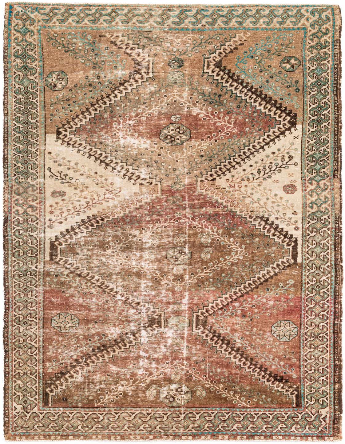 A 6x9 rectangular Ultra Vintage wool rug featuring a distressed Persian pattern in oranges, reds, and subtle teal accents.