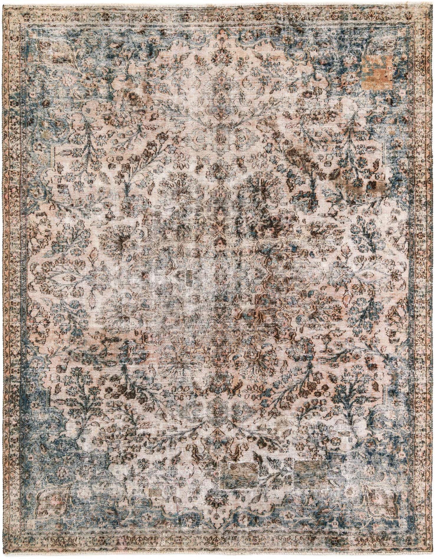 An 8x11 rectangular Ultra Vintage rug with a faded Persian medallion pattern in muted oranges, reds, and blues.