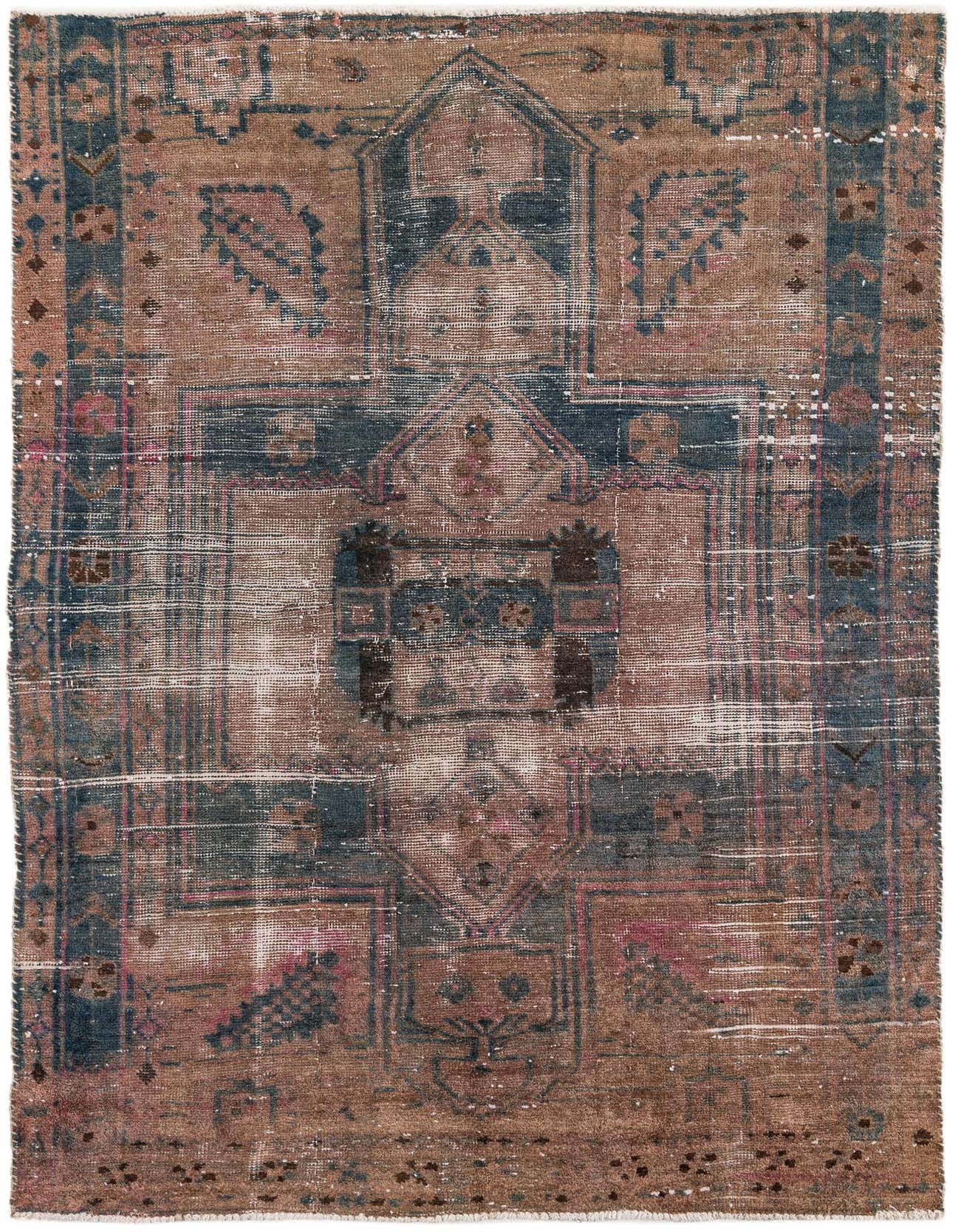 A 5x8 rectangular Ultra Vintage Persian rug with a faded medallion pattern in oranges, reds, and dark blue tones.