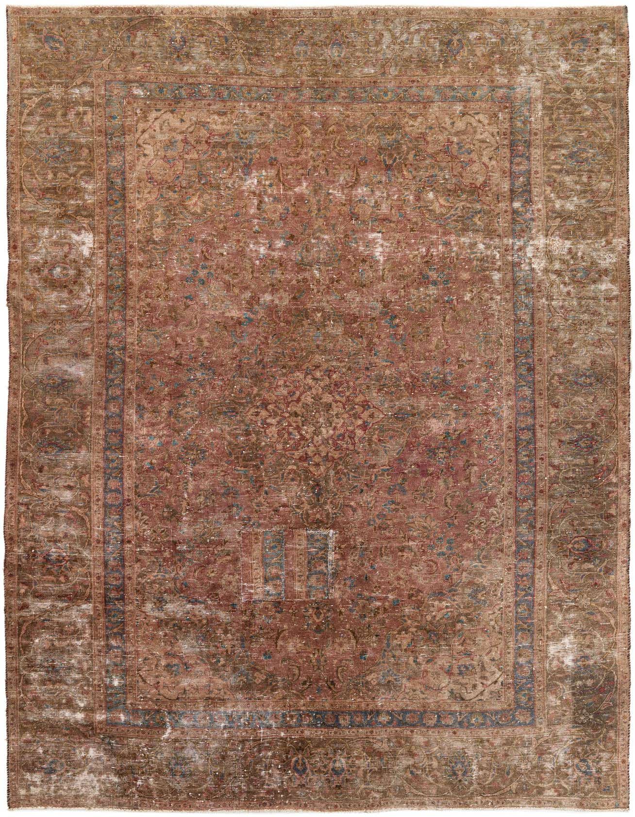 A rectangular 8x11 Ultra Vintage Persian rug in faded oranges and reds with a central medallion and ornate border.