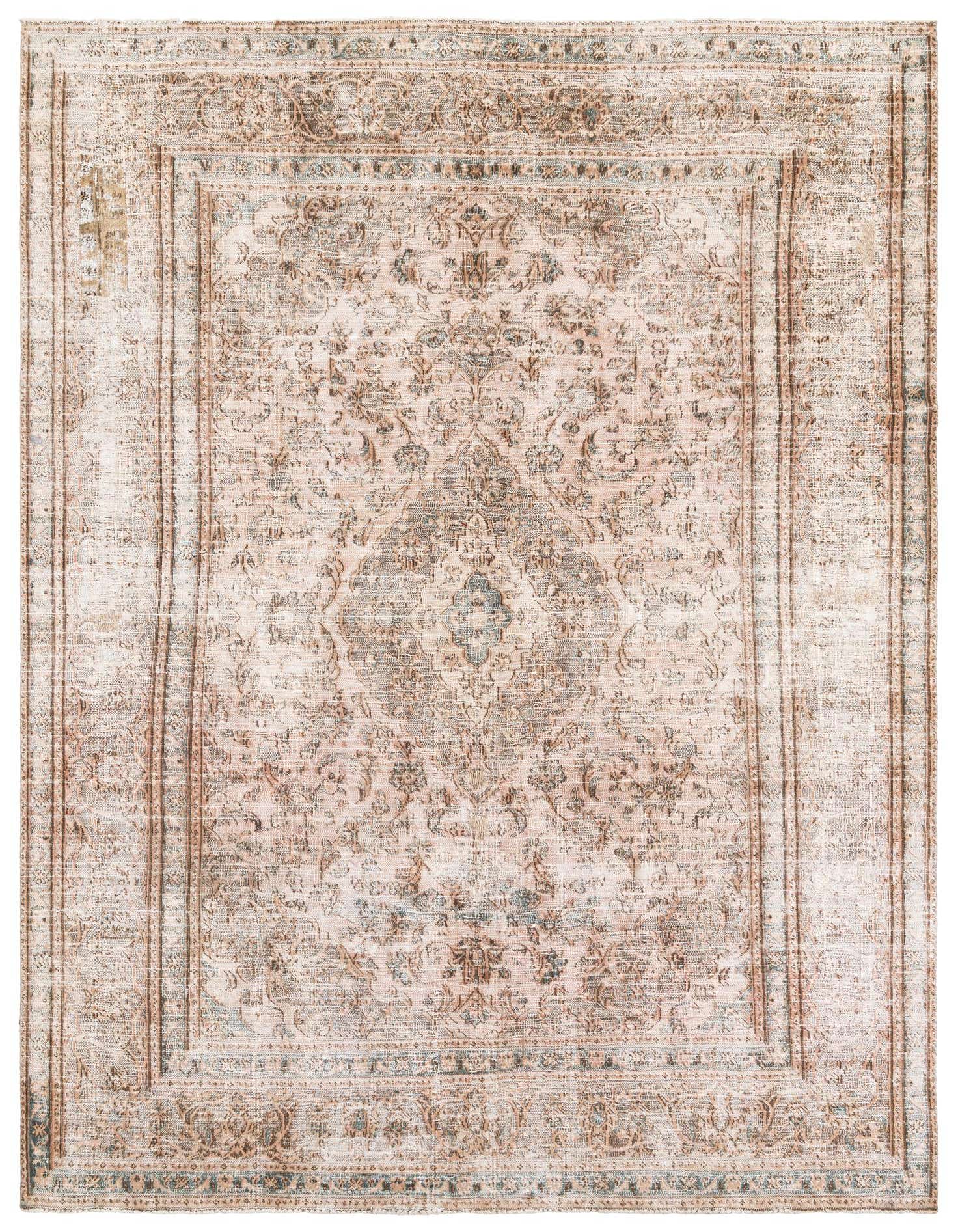 A 6x9 rectangular Ultra Vintage wool rug featuring a distressed Persian medallion pattern in muted oranges and reds.