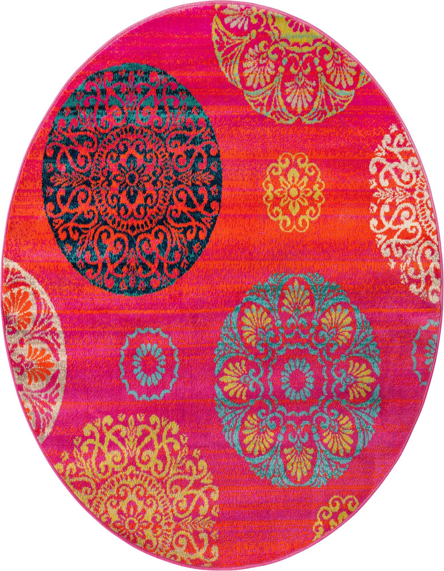 A vibrant 5' 3 round rug featuring a modern botanical pattern in oranges, reds, and teal on a fuchsia background.