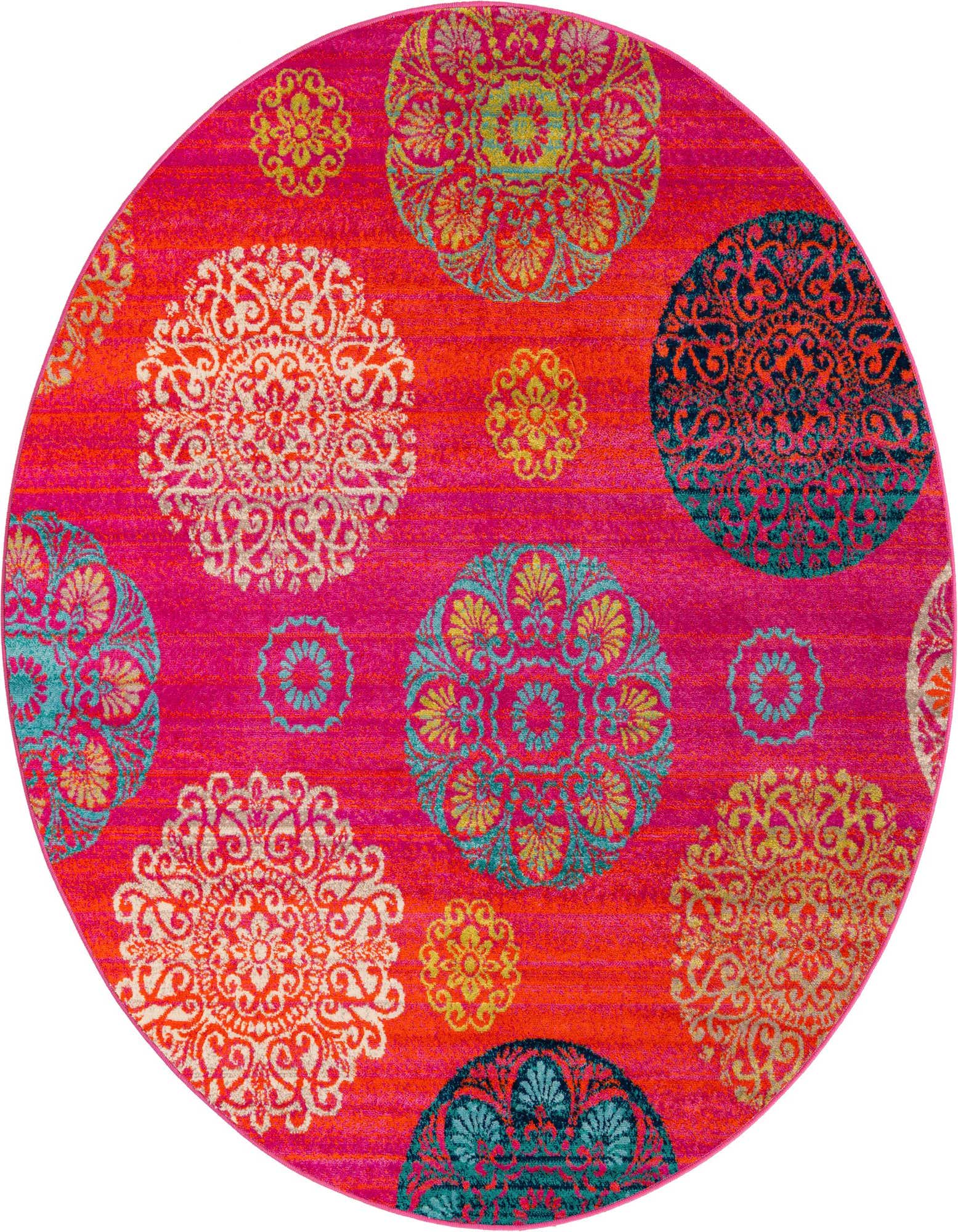 A vibrant 7' round orange and red rug with a modern botanical pattern, featuring large and small floral medallions in teal, yellow, and white.
