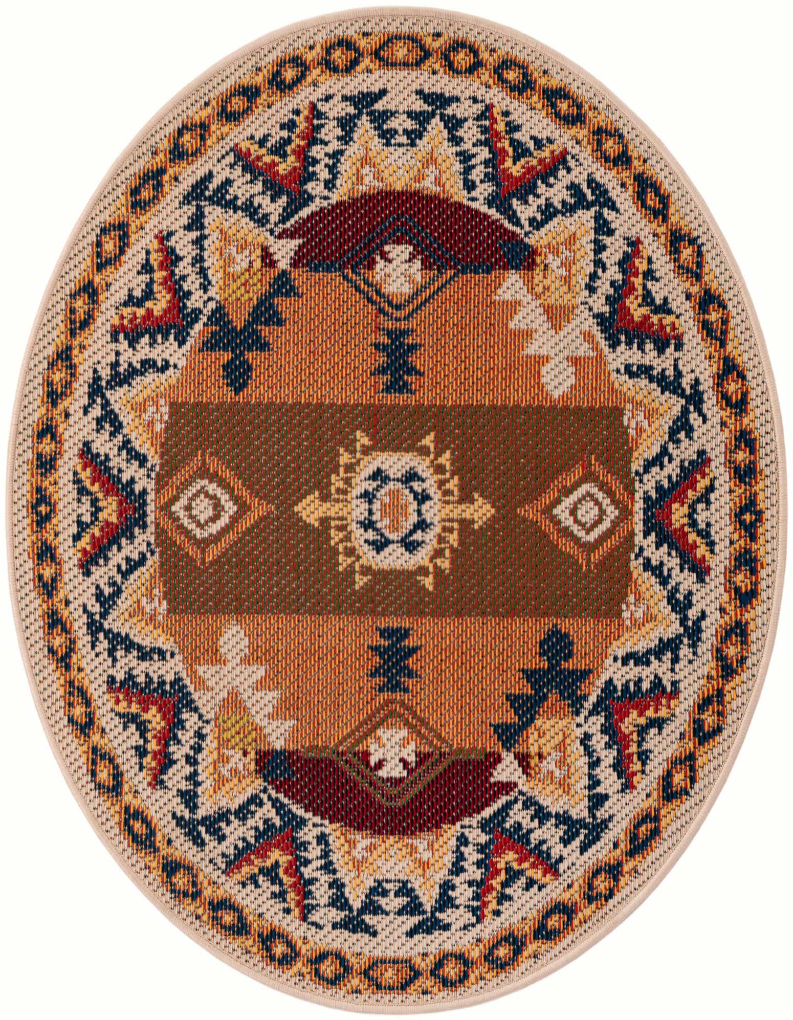 A 4' round Baja Outdoor rug with a vibrant orange, red, and blue modern oriental pattern on a light beige background.
