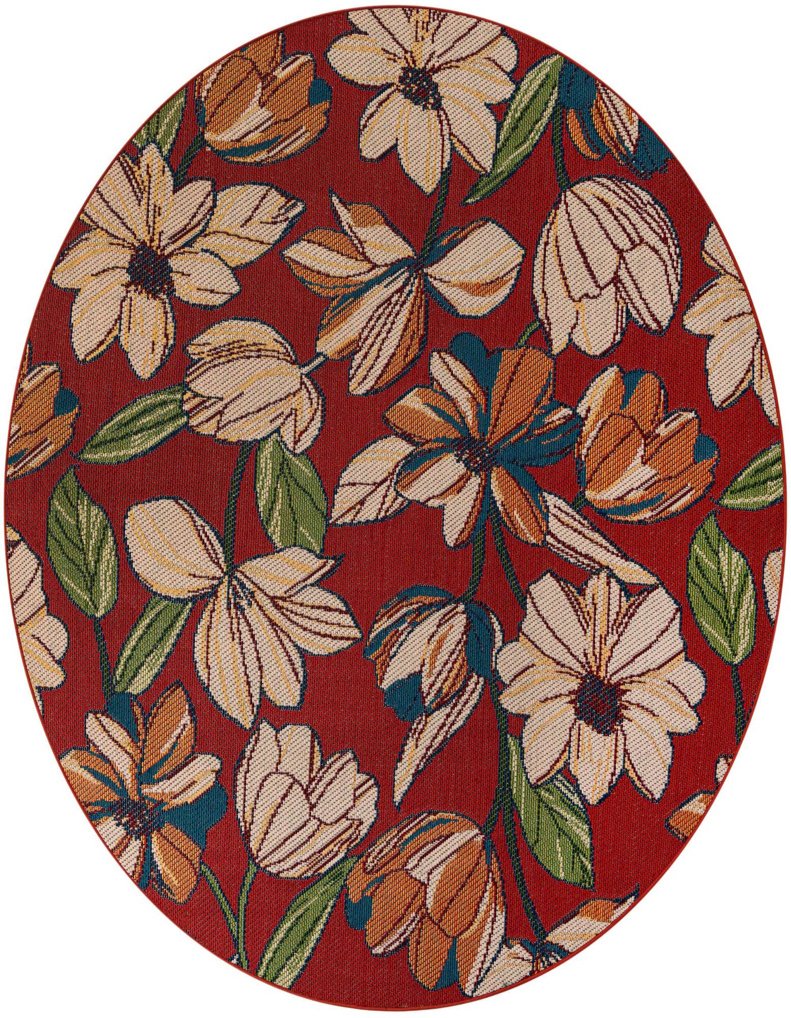 A round, modern outdoor rug featuring a vibrant floral pattern with orange, cream, and teal flowers on a rich red background.