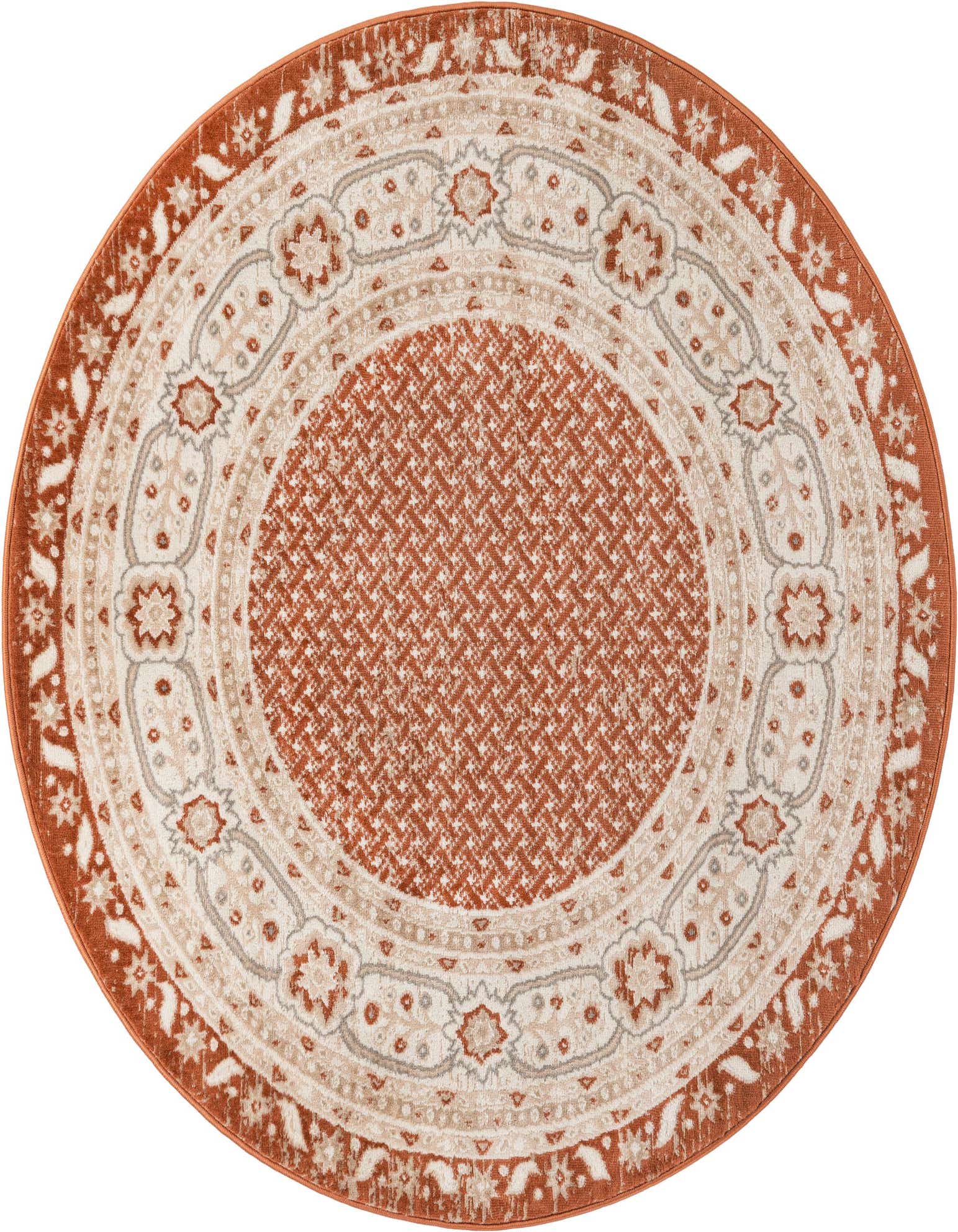 A 5' 3 round orange and cream modern rug with a central geometric pattern and an ornate floral border.