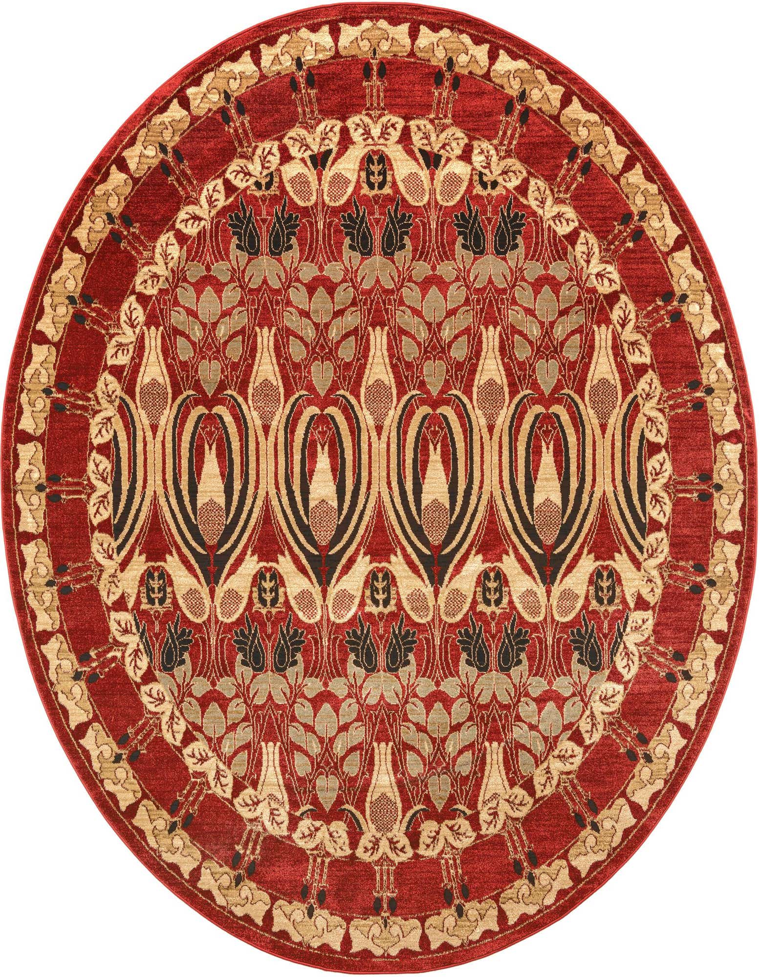 A round 8' orange and red Bohemian rug with a detailed floral and botanical pattern, featuring cream, black, and grey accents.