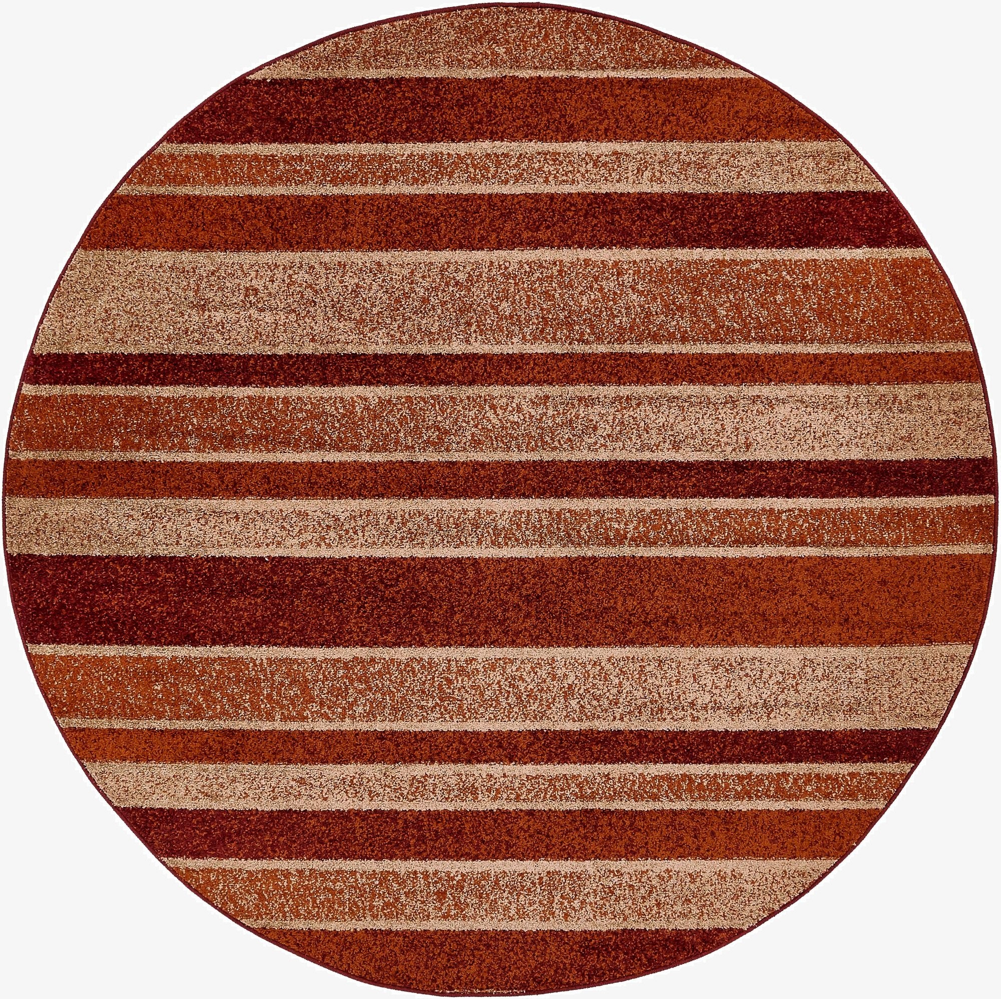 Rugs.com Equinox 8' round rug with alternating thin and thick stripes in shades of orange and red.