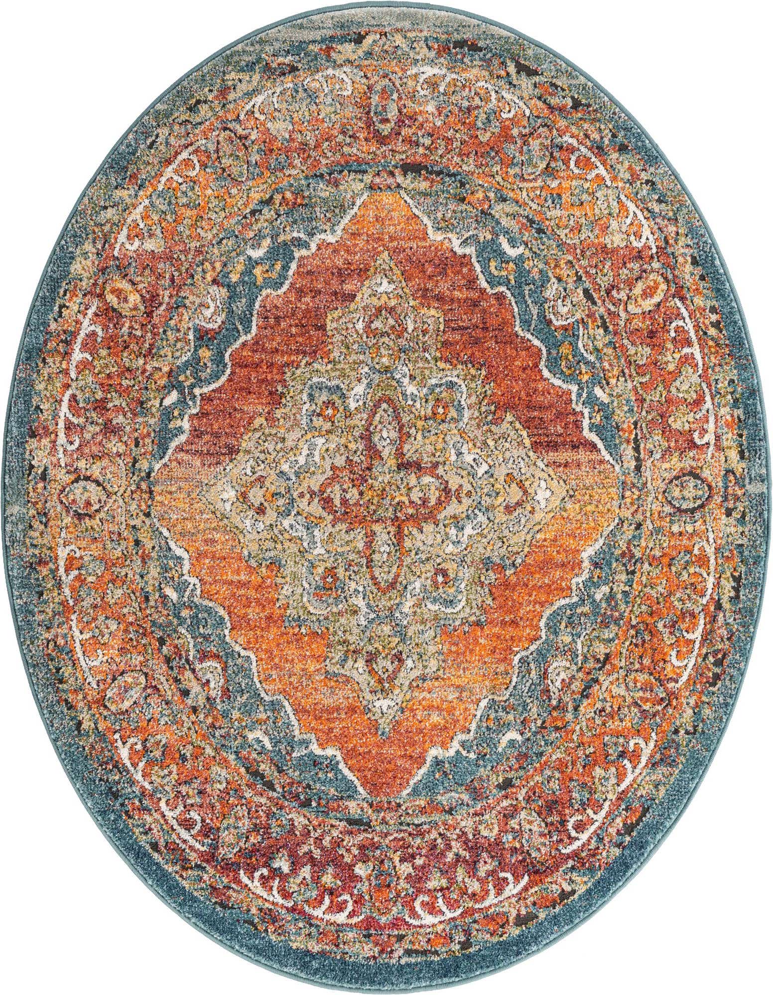 A 5' round Isabella rug featuring a vibrant orange and red medallion pattern with teal accents, perfect for adding warmth to any indoor space.