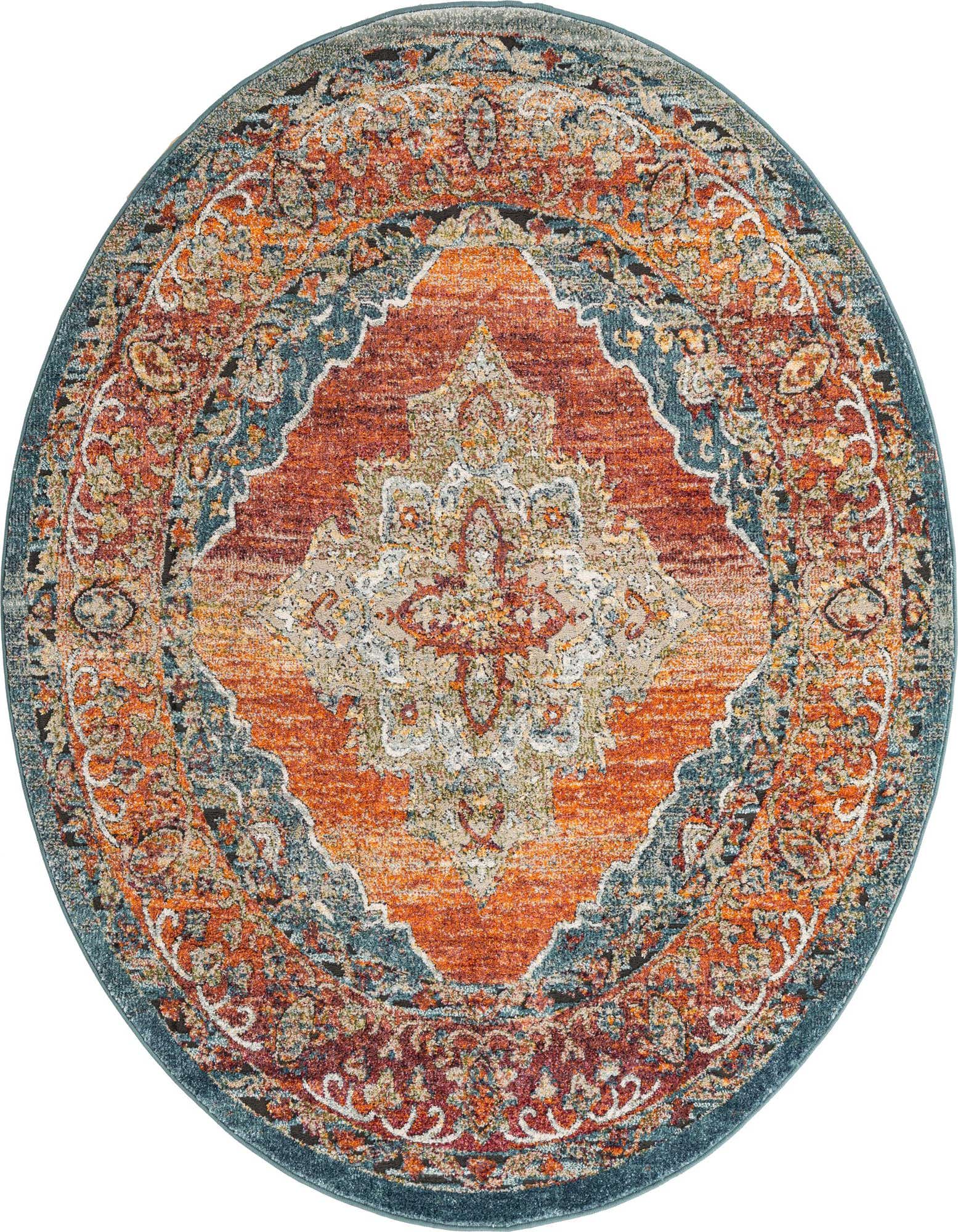 A 6' round Isabella rug featuring a vibrant orange and red traditional medallion pattern with teal accents.