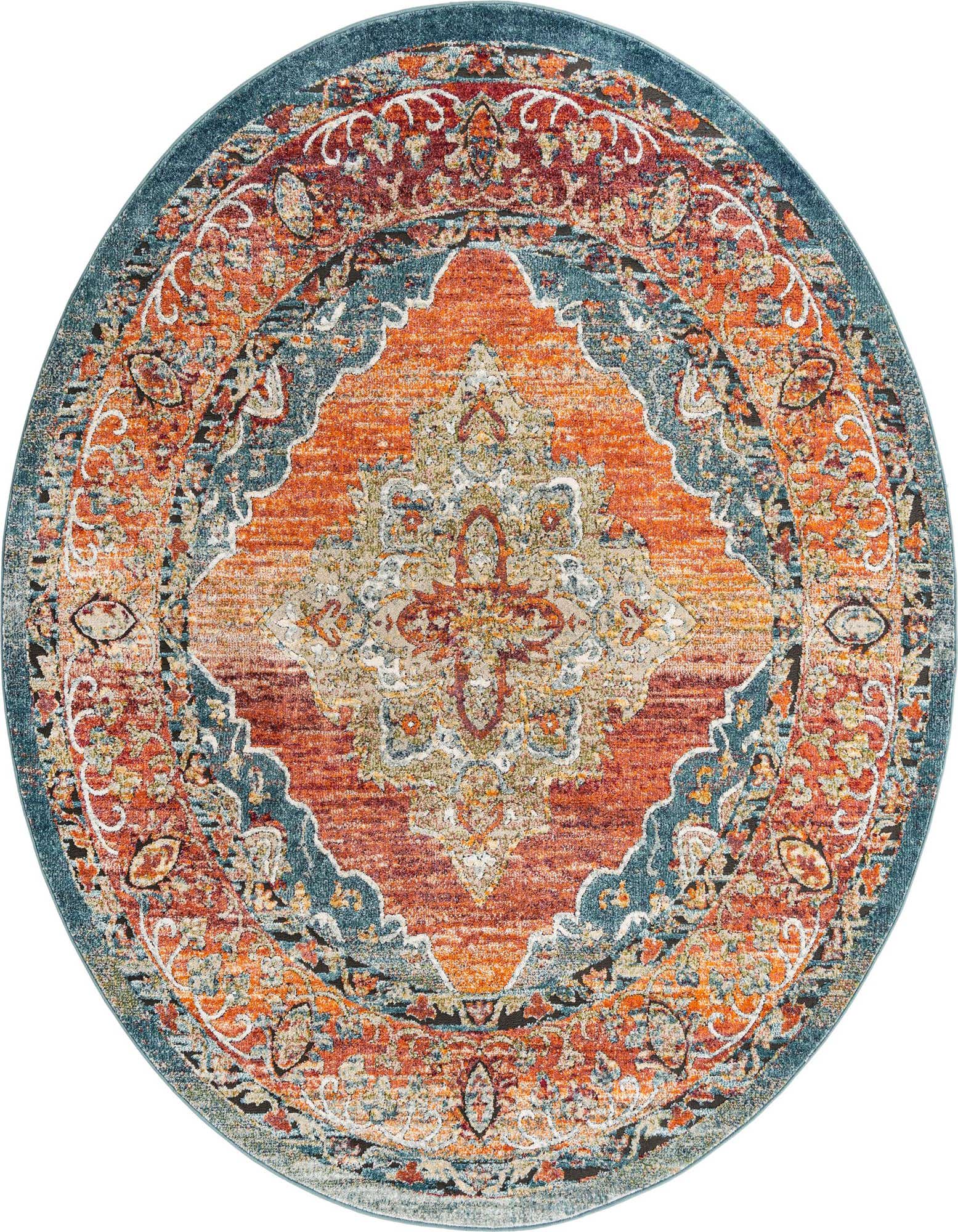 A round 7' 10" orange and red traditional medallion rug with a teal border and vintage distressed pattern.