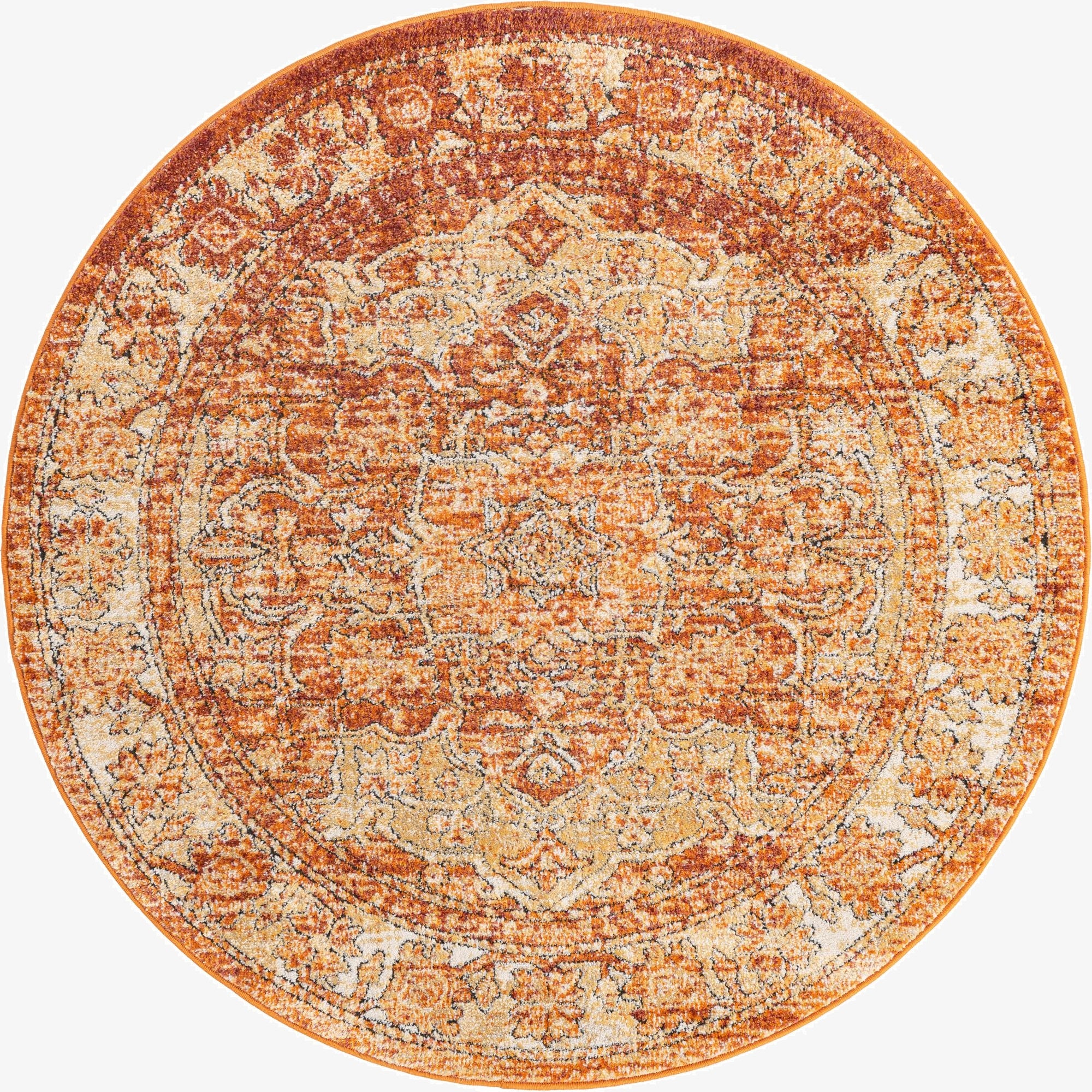 A 5' round Isabella rug by Rugs.com, featuring a distressed traditional medallion pattern in shades of orange and red.