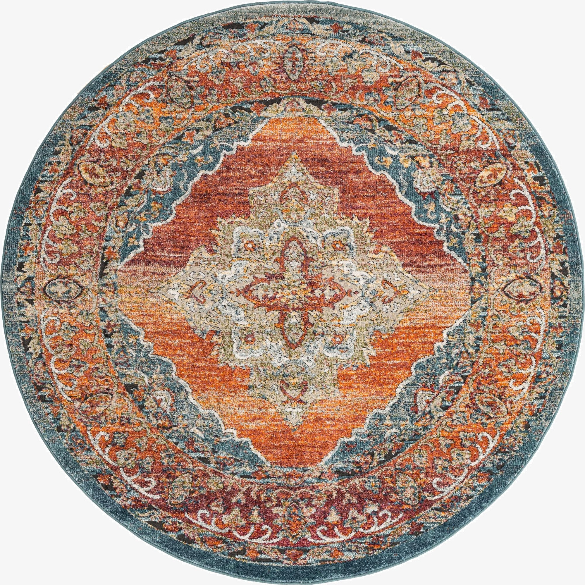 A 6' round Isabella rug featuring a vibrant orange and red traditional medallion pattern with teal accents.