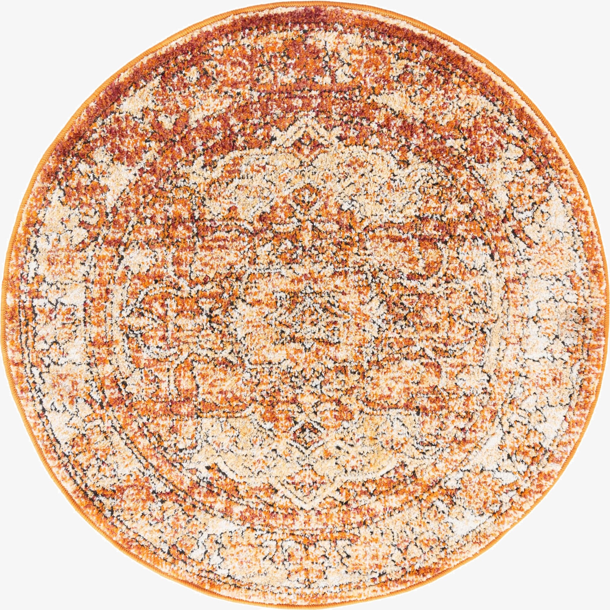 A 3' 3 round Isabella rug by Rugs.com, featuring a distressed traditional medallion pattern in oranges and reds, with a textured high-low pile.