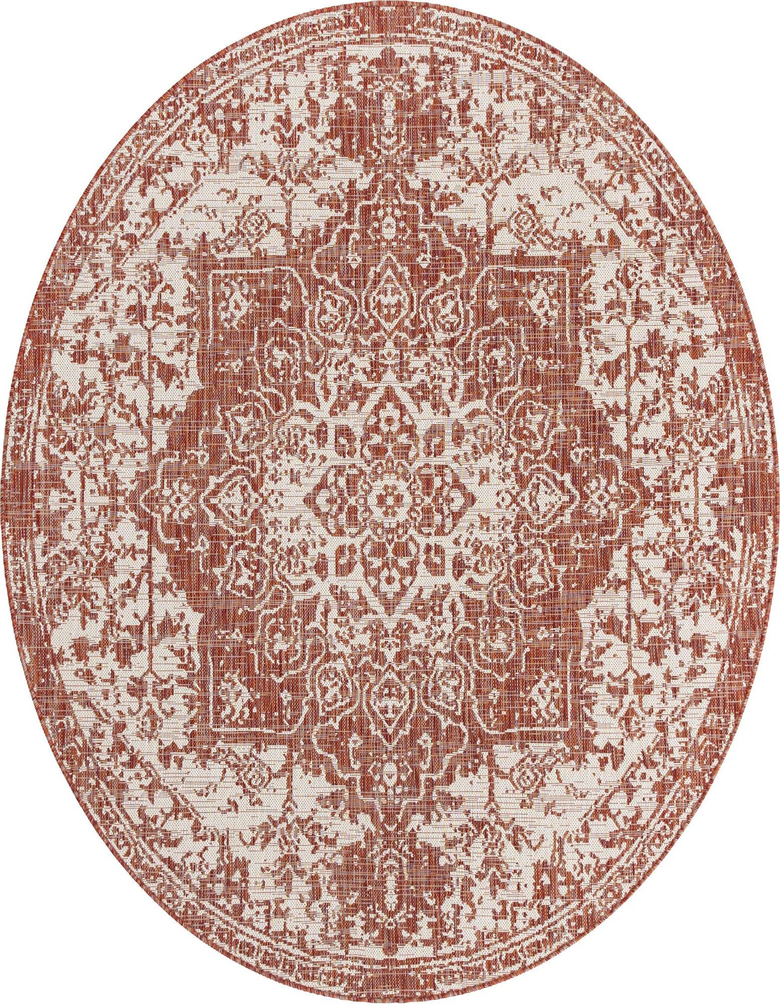 A 6' 7 round Jill Zarin Outdoor rug in distressed terracotta orange and cream with a traditional medallion pattern, suitable for indoor or outdoor use.