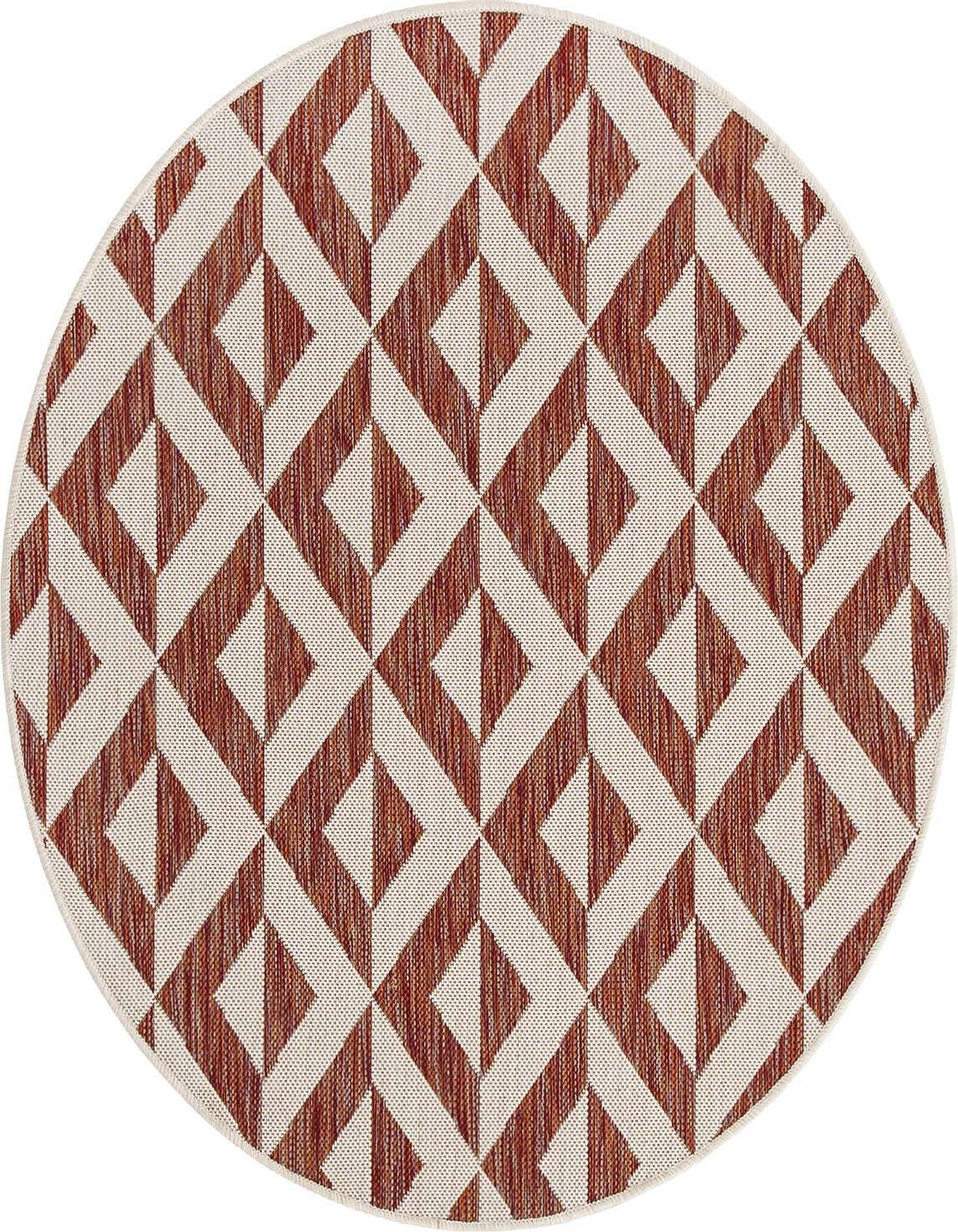 A 4' round indoor/outdoor rug with a modern geometric trellis pattern in shades of orange and red on a cream background.