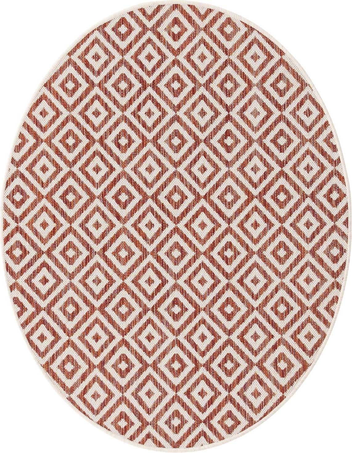 A round 4' 0 x 4' 0 Jill Zarin Outdoor rug featuring a modern trellis pattern in shades of orange and red, suitable for indoor or outdoor use.