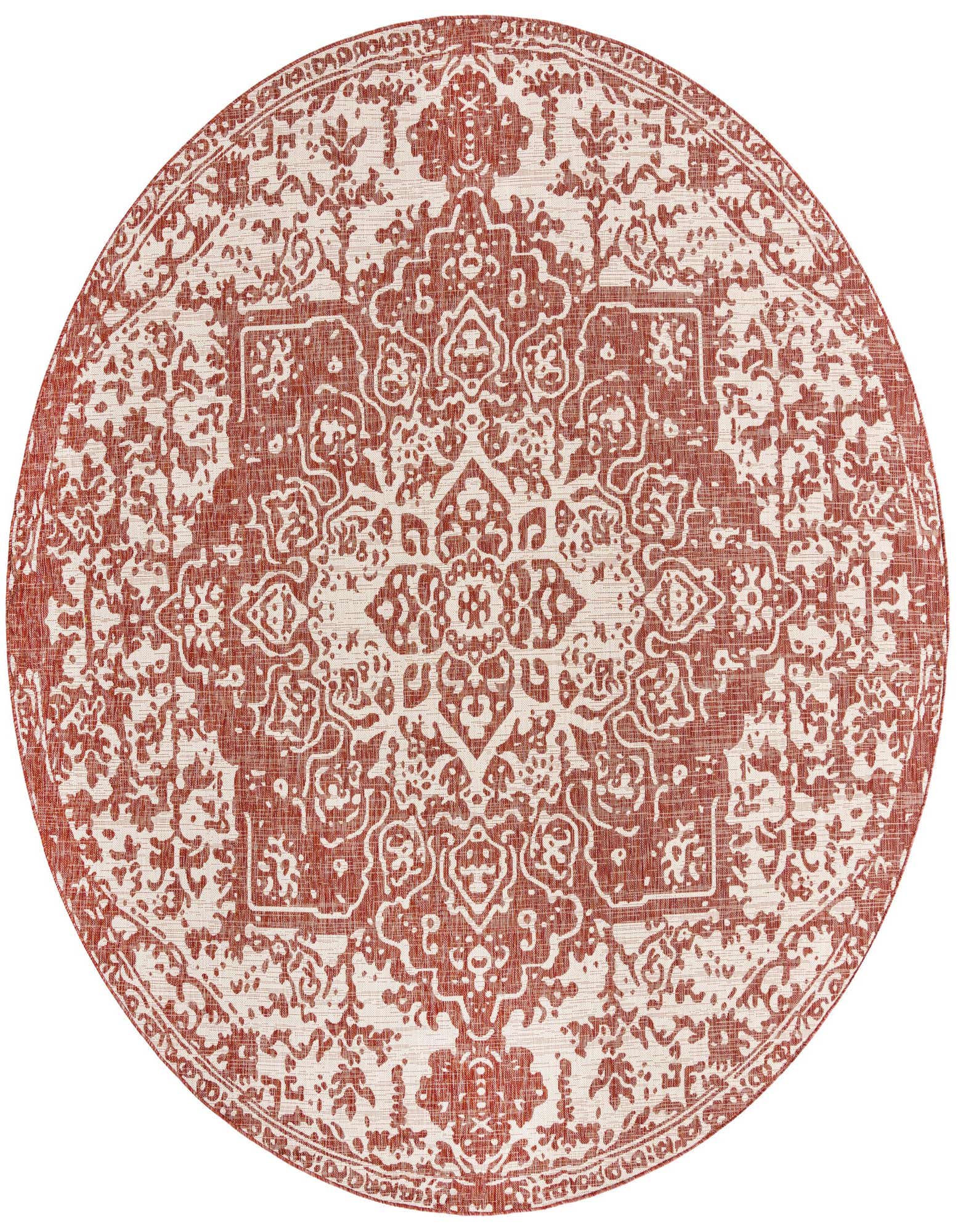 A 10' 8 x 10' 8 round orange and cream traditional medallion rug with a textured flatweave.