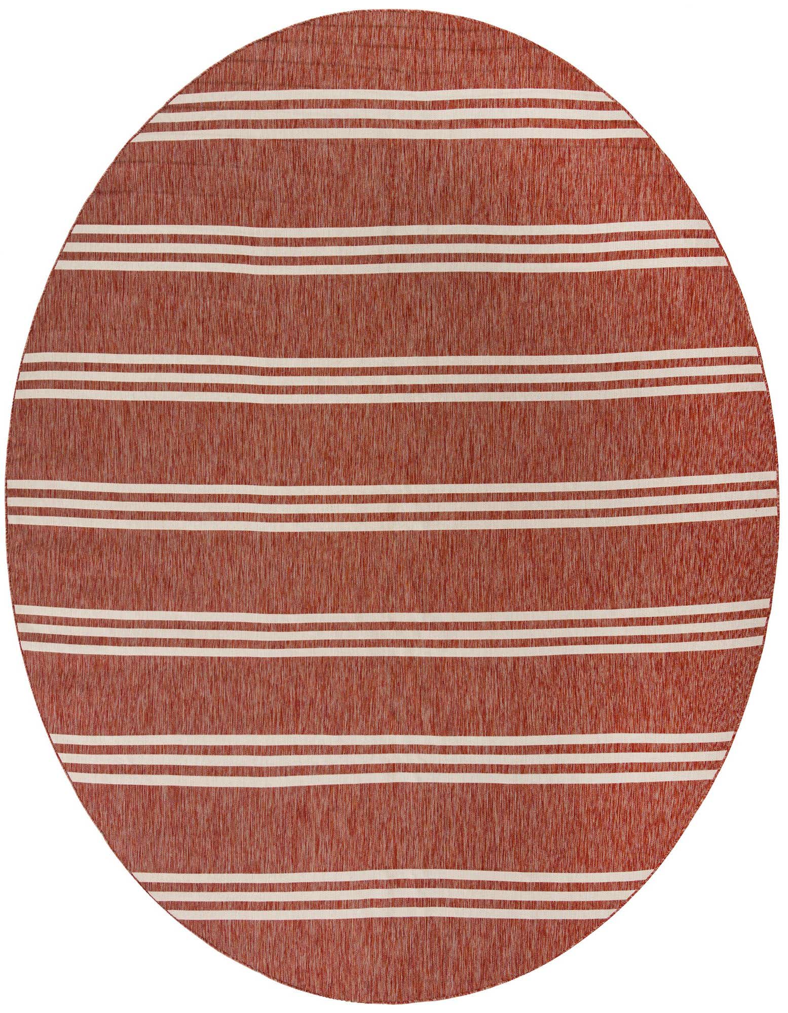 A 13-foot round indoor/outdoor rug with a textured red-orange background and thin white horizontal stripes.
