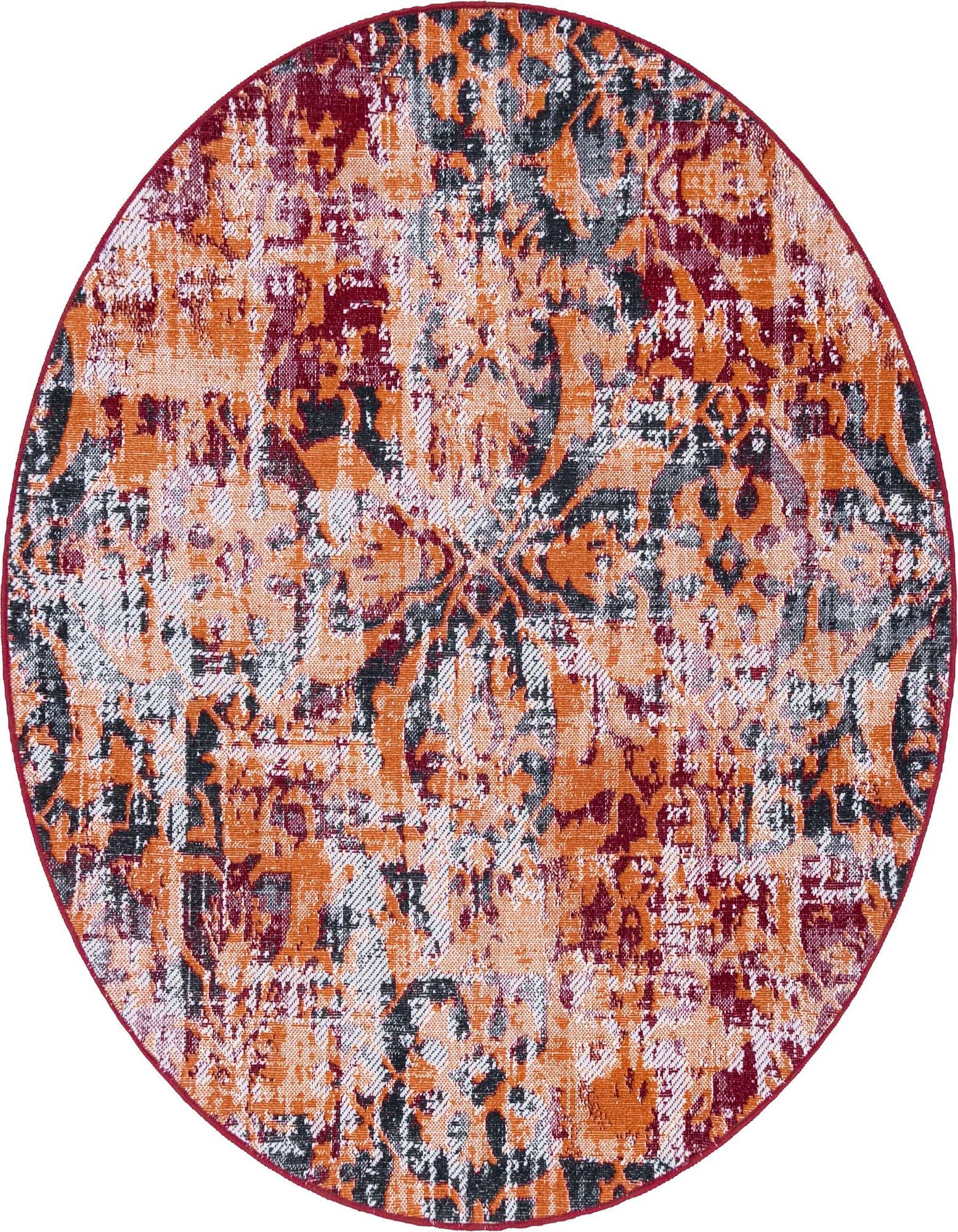 A round 5' 3" orange and red bohemian rug with a distressed floral and abstract pattern, featuring shades of black and white.