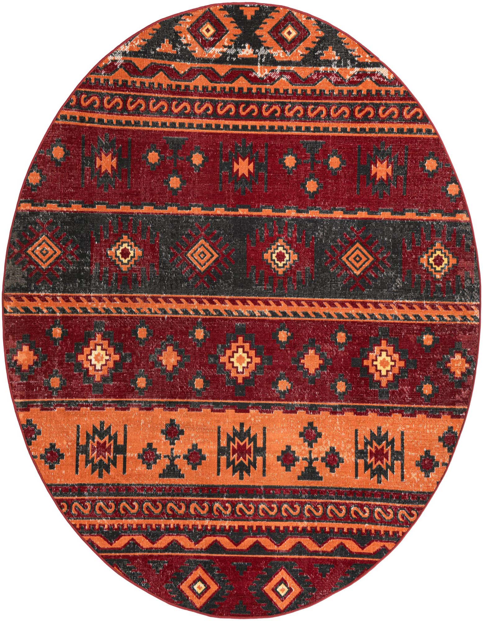 A 7' 10" round rug featuring a vibrant bohemian pattern in shades of orange, red, and charcoal, suitable for a patio.