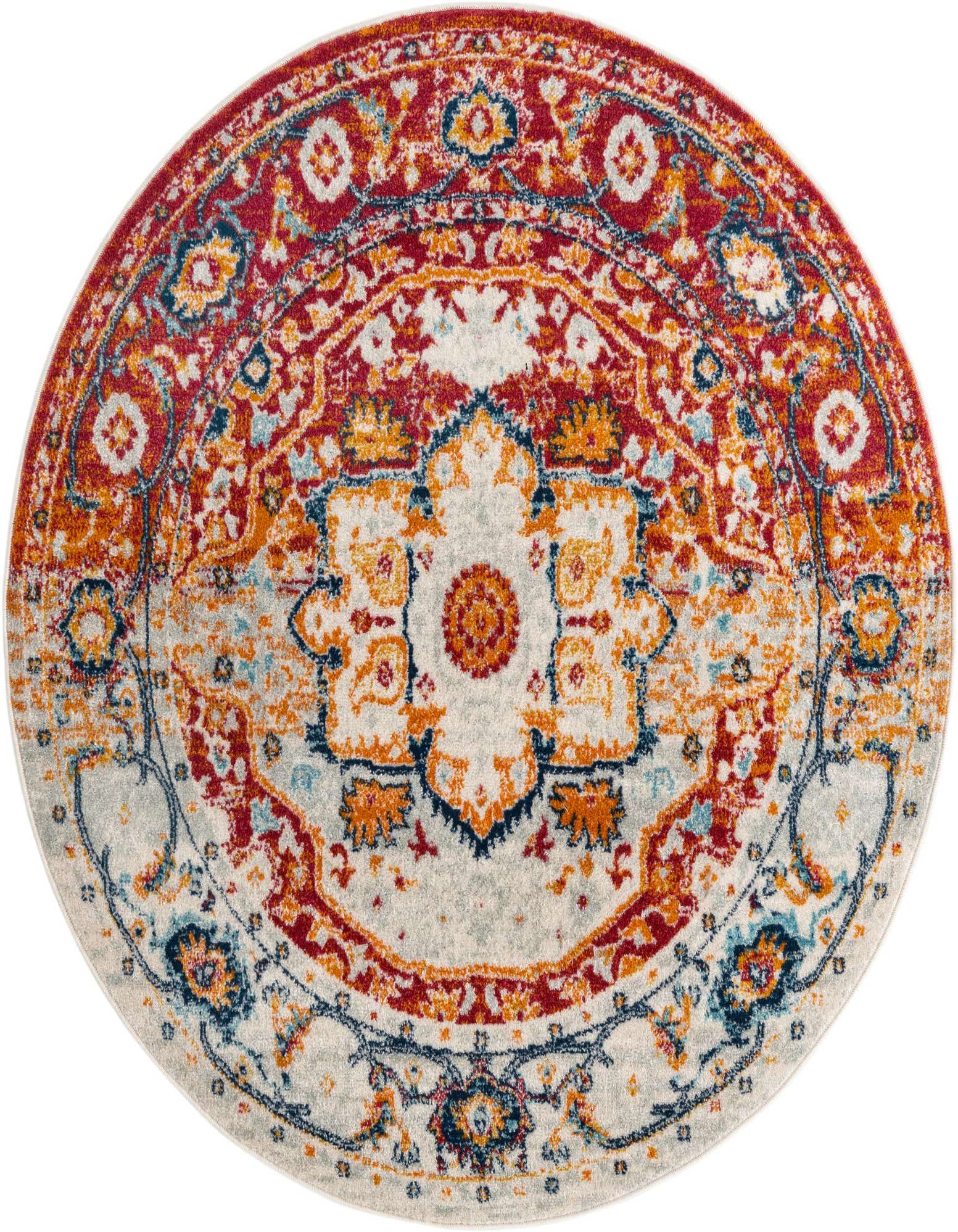 A round 5' 3 x 5' 3 Madeline Vintage rug with a distressed traditional medallion pattern in oranges, reds, and blues on a light background.