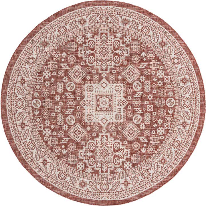 Rust Red 7' 10 x 7' 10 Emberly Aztec Outdoor Round Rug | Rugs.com