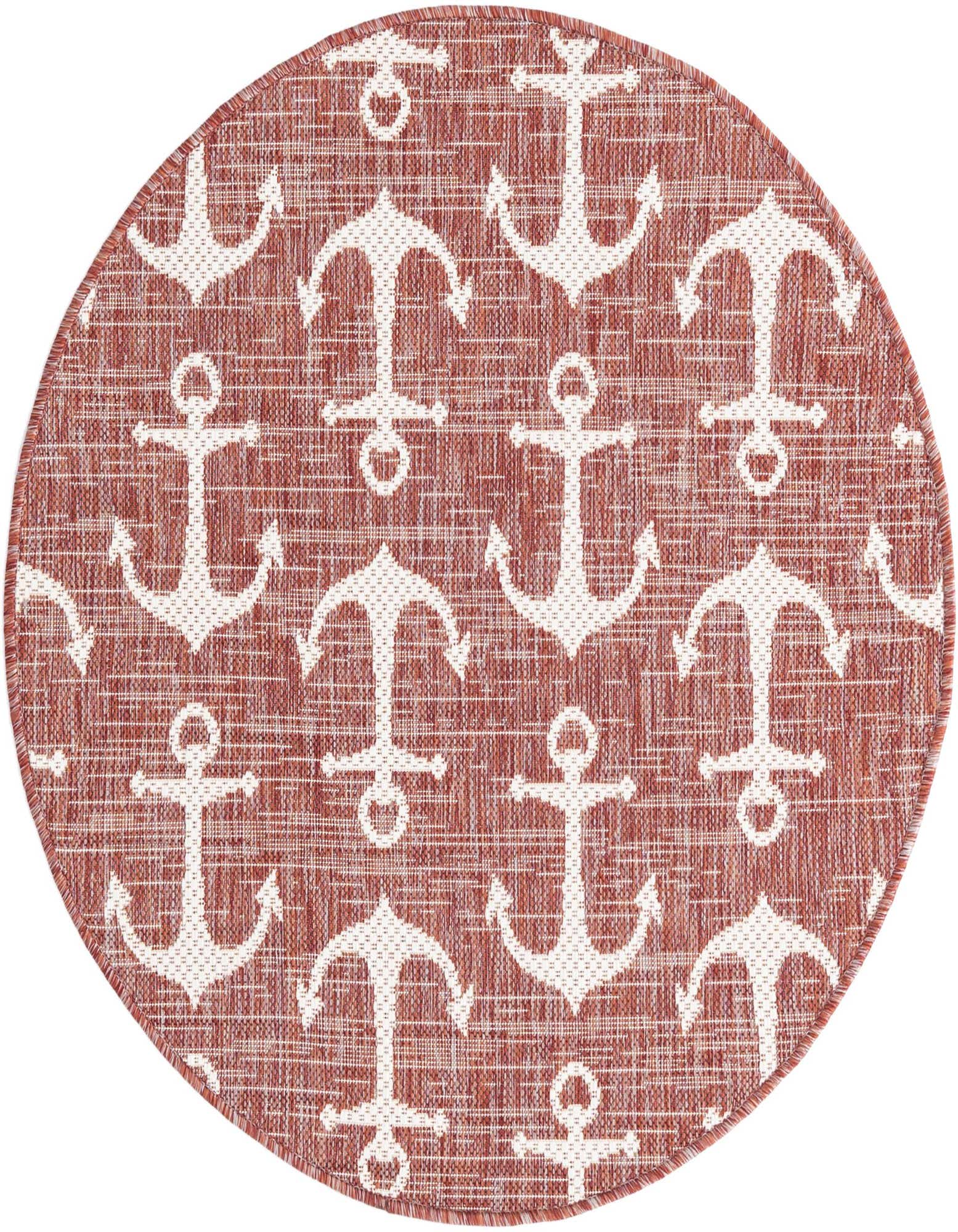 A round, flatweave indoor/outdoor rug featuring a repeating pattern of white anchors on a textured orange-red background.