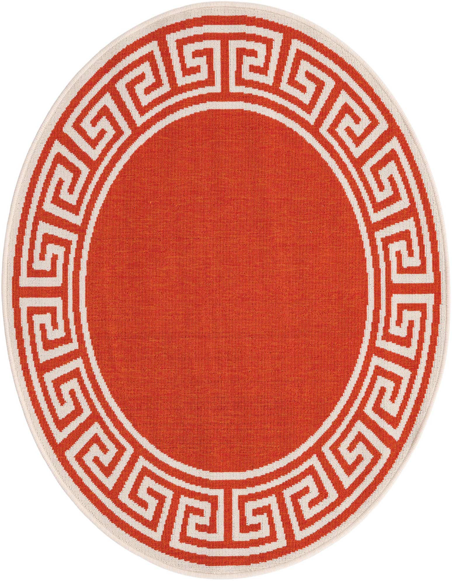A 4' round orange and white rug with a classic Greek key border pattern, suitable for indoor or outdoor use.
