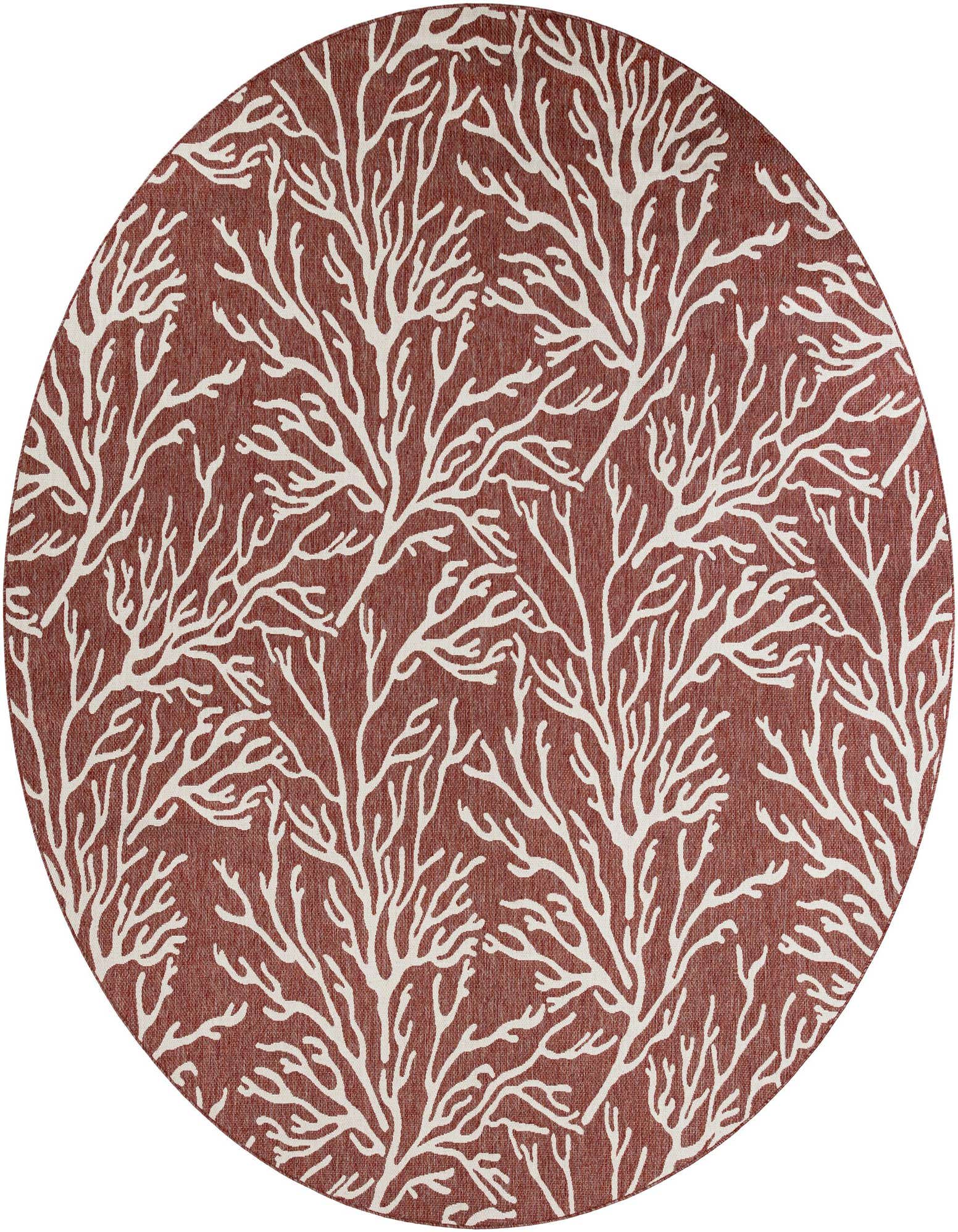 A 12' round indoor/outdoor rug with a modern coastal coral pattern in red and white, suitable for a patio.