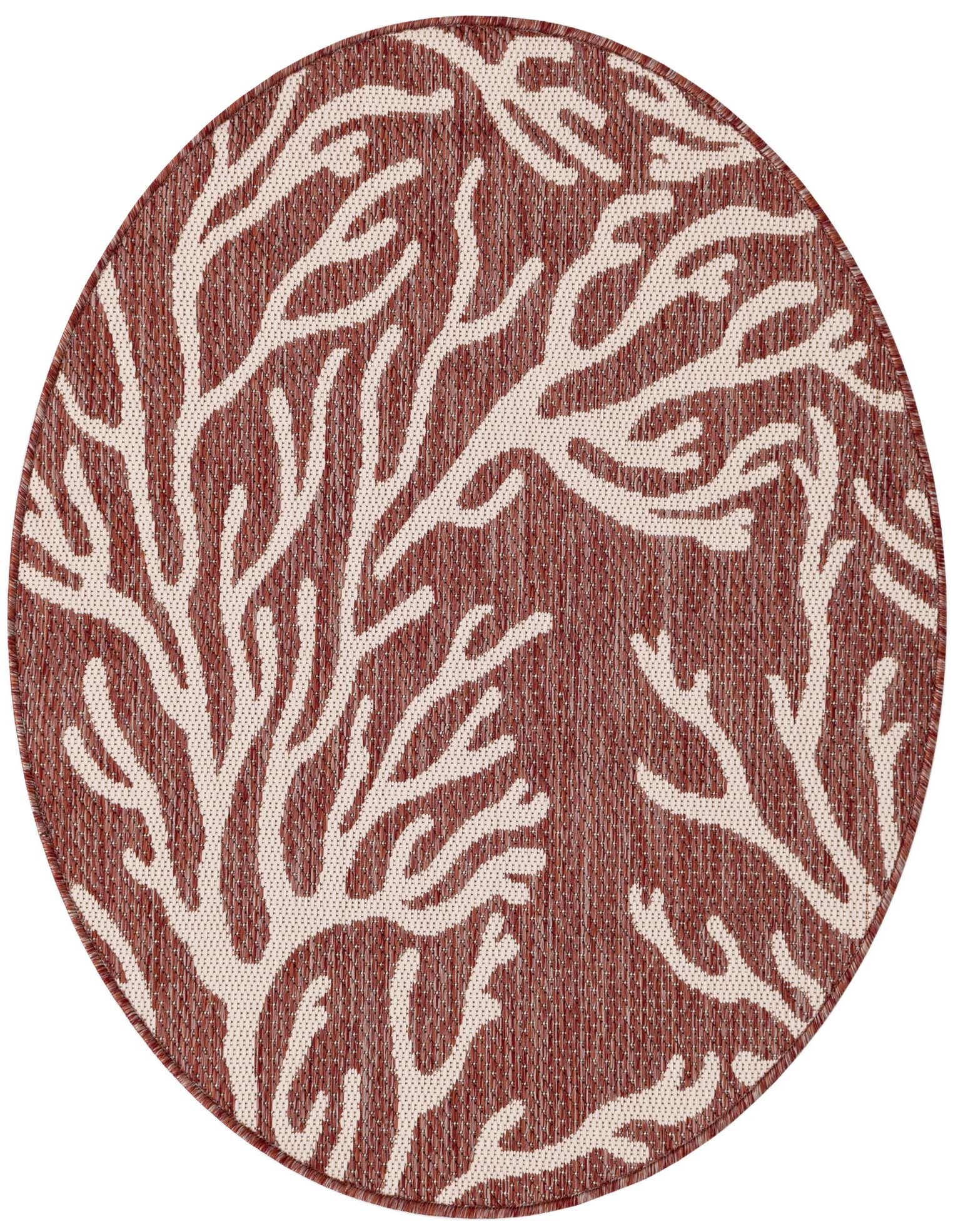 A 3' round indoor/outdoor rug with a modern coral pattern in shades of orange and red.