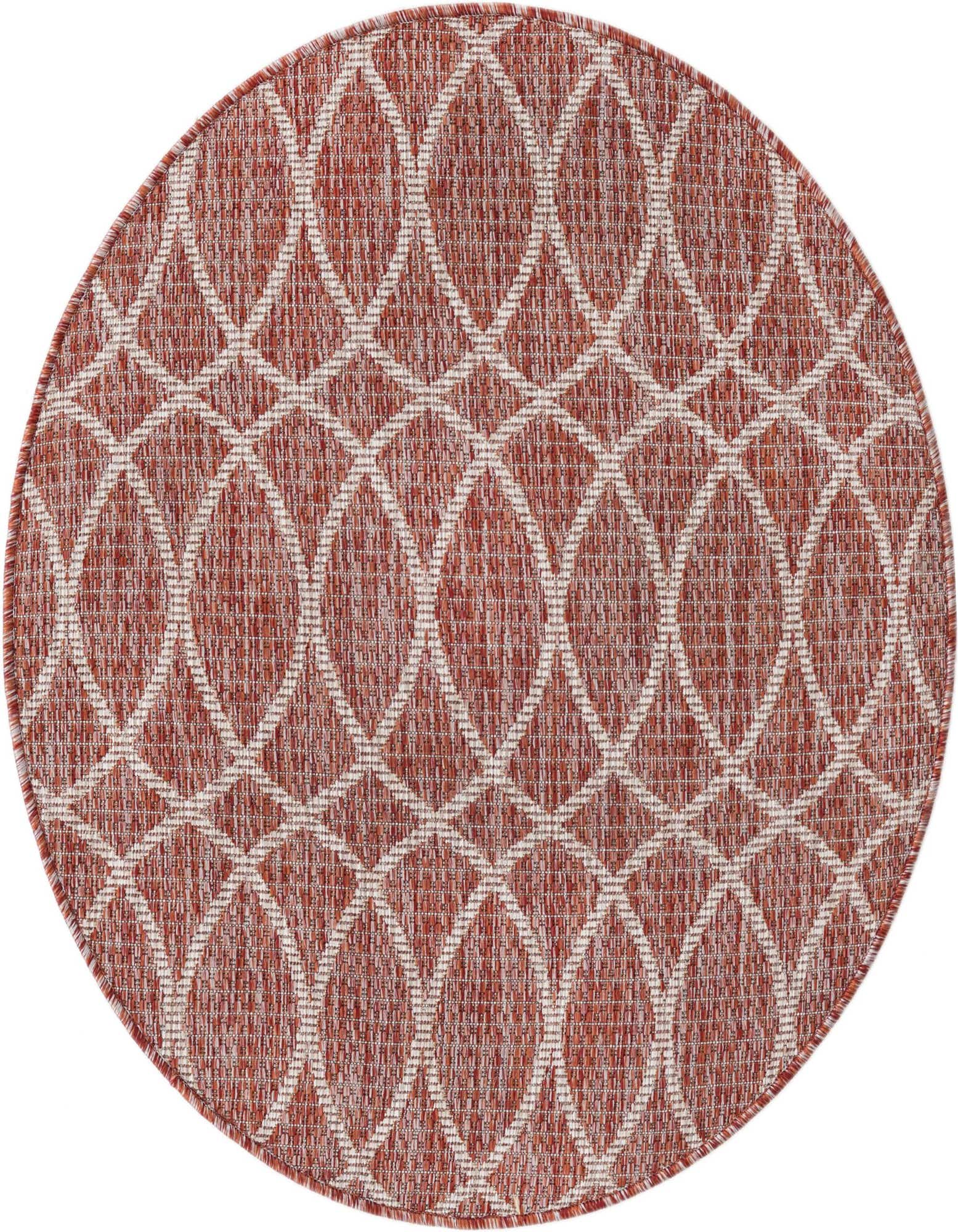 A 3' round orange and red flatweave rug with a modern trellis pattern, suitable for indoor or outdoor use.