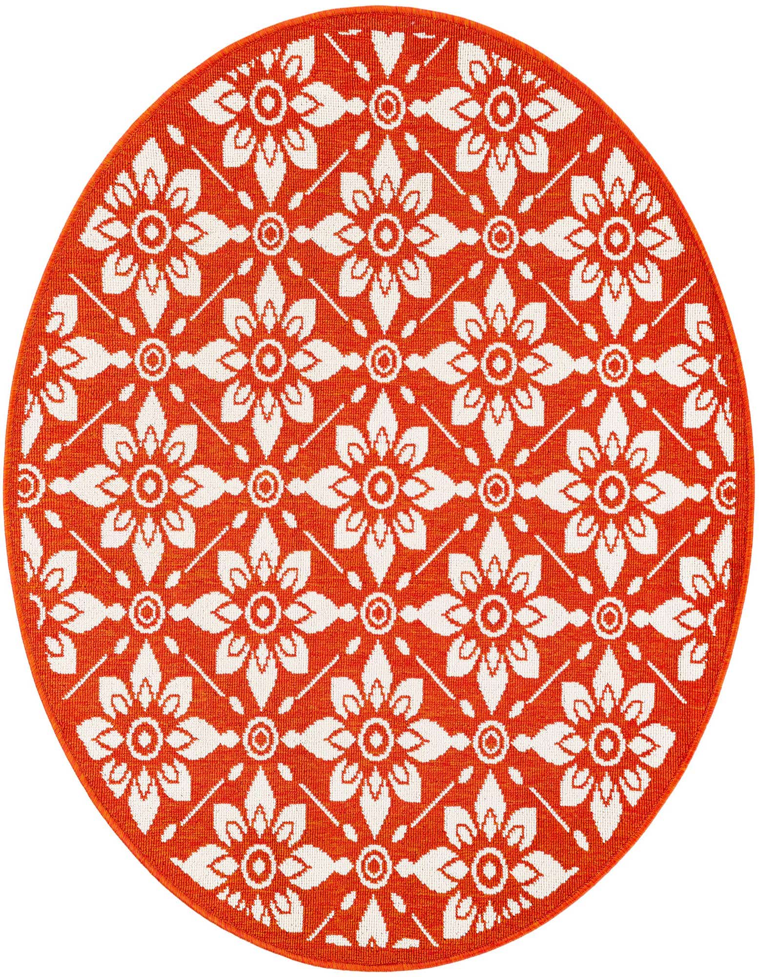 A 4' round orange and white flatweave rug with a modern floral lattice pattern, suitable for indoor or outdoor use.