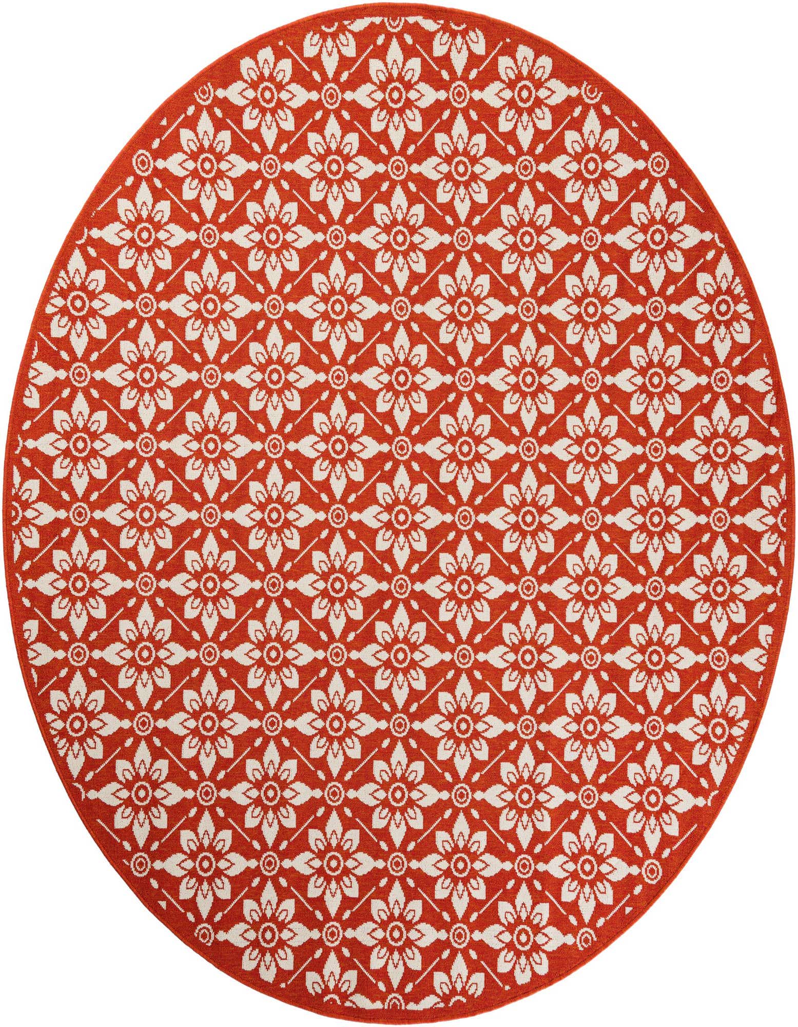 A 7' 10 round orange and white modern floral rug with a flatweave texture, suitable for indoor or outdoor use.