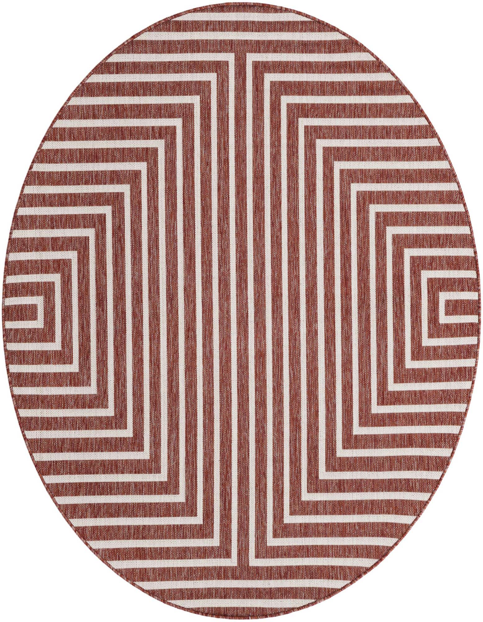 A round, flatweave rug featuring a modern abstract pattern of terracotta orange and white concentric squares and stripes.
