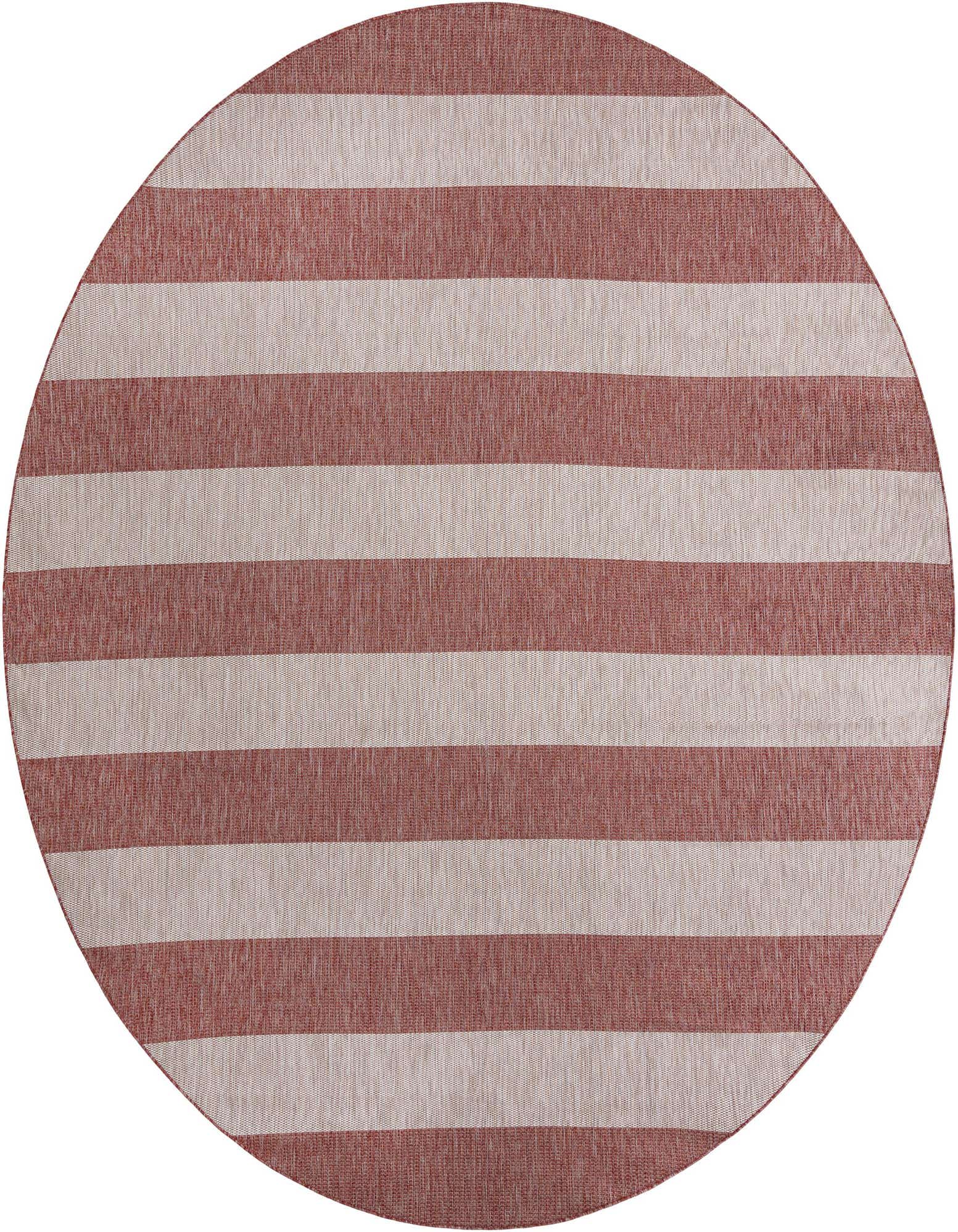 A 12' round indoor/outdoor rug with wide horizontal stripes in alternating shades of terracotta orange and light beige.