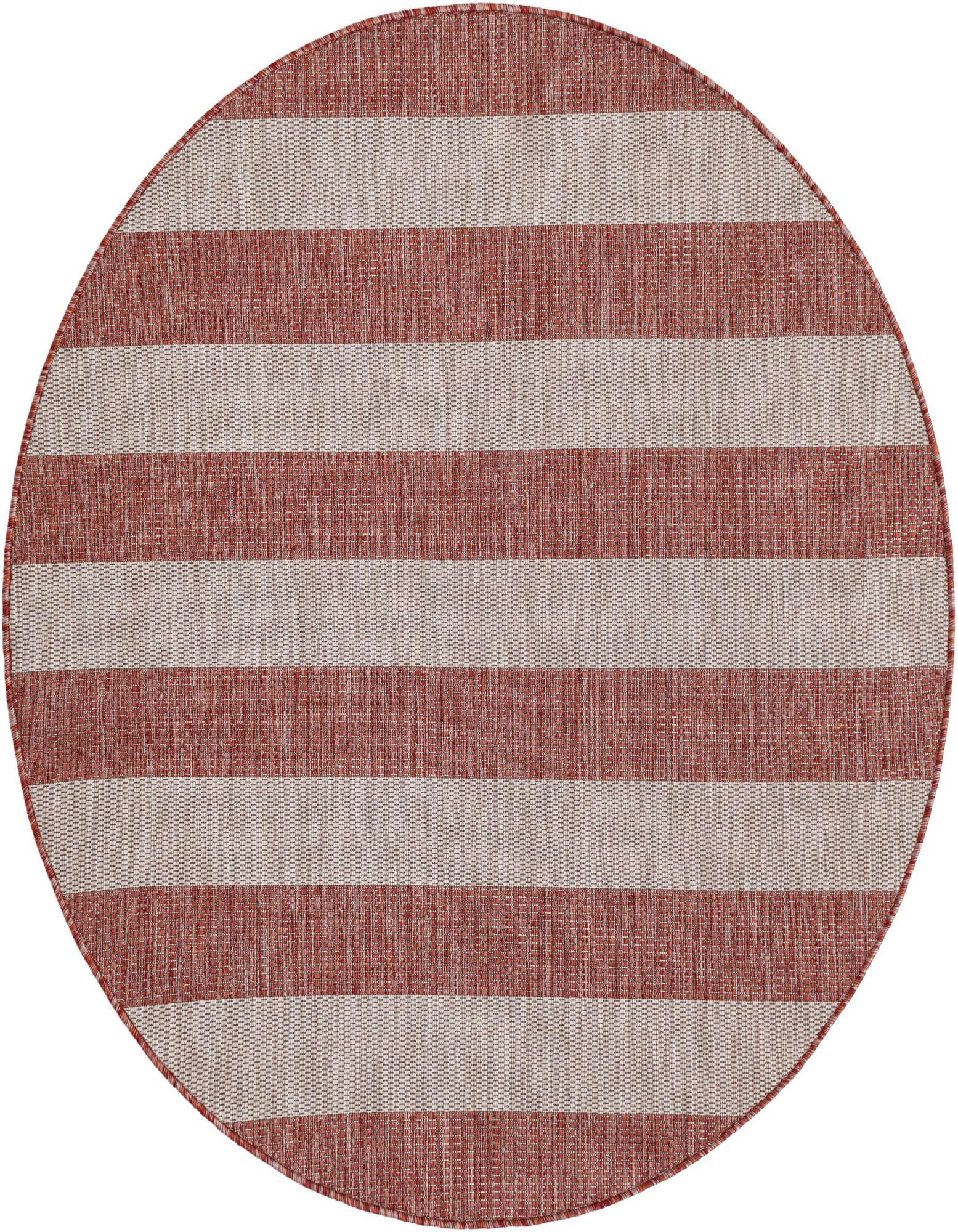 A 5' 3 round indoor/outdoor rug with alternating horizontal stripes of orange-red and light beige, suitable for a patio.