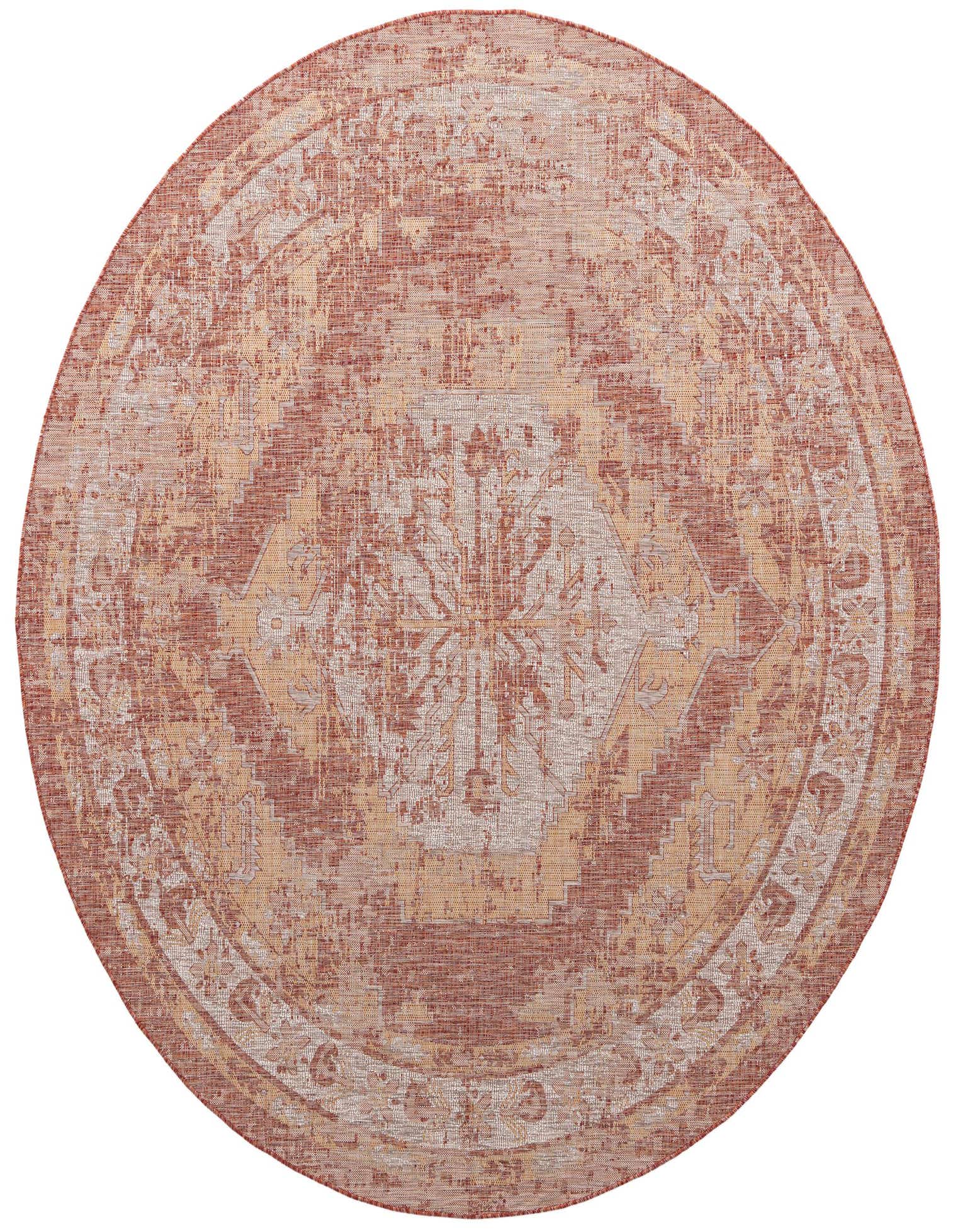A large 13-foot round indoor/outdoor rug with a distressed Southwestern pattern in shades of orange and red.