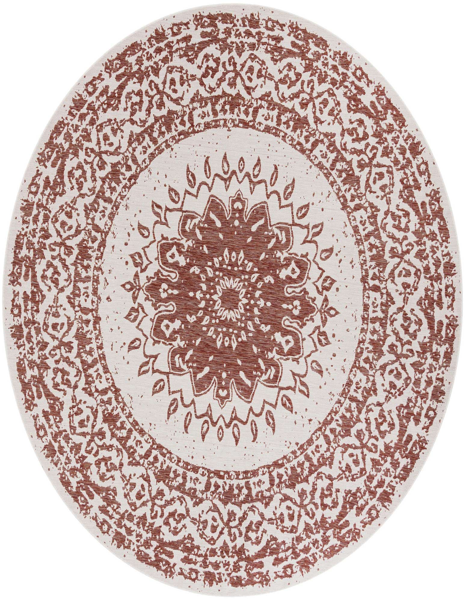 A 10-foot round indoor/outdoor rug with a distressed orange medallion and traditional pattern on a light background.