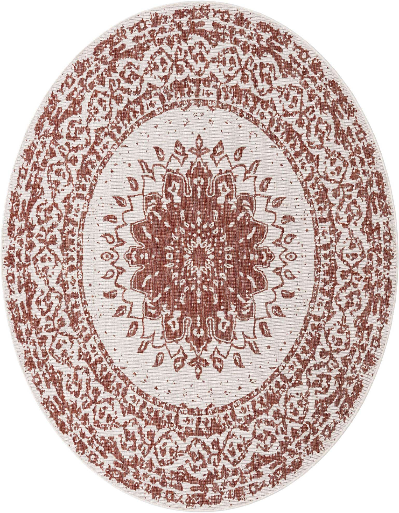A 7' 10 round orange and cream medallion rug with a vintage traditional pattern, suitable for indoor or outdoor use.