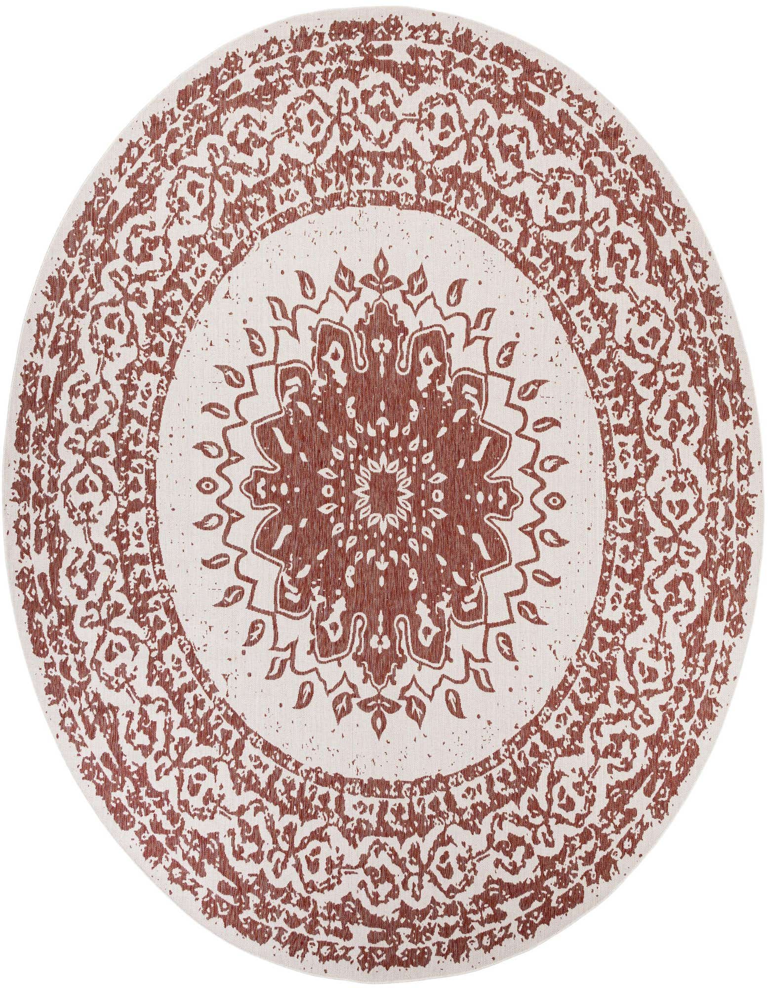 A 13' round modern outdoor rug featuring a central medallion and intricate border pattern in burnt orange on a cream background.