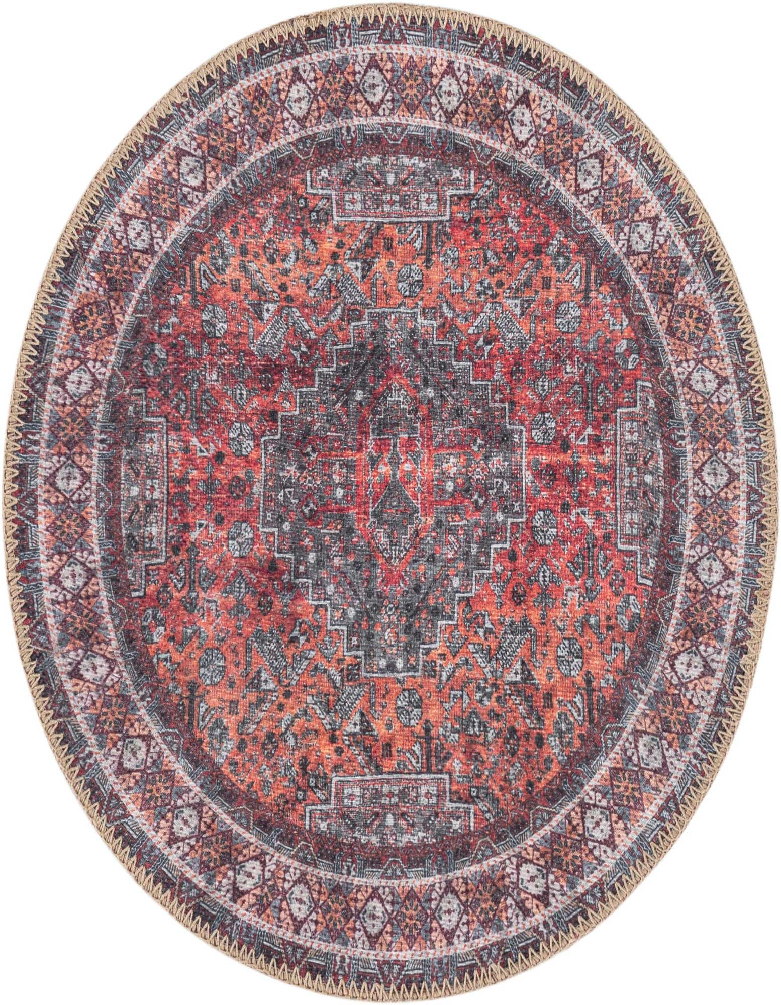 A 2' round orange and red oriental medallion rug with a traditional pattern and textured flatweave.