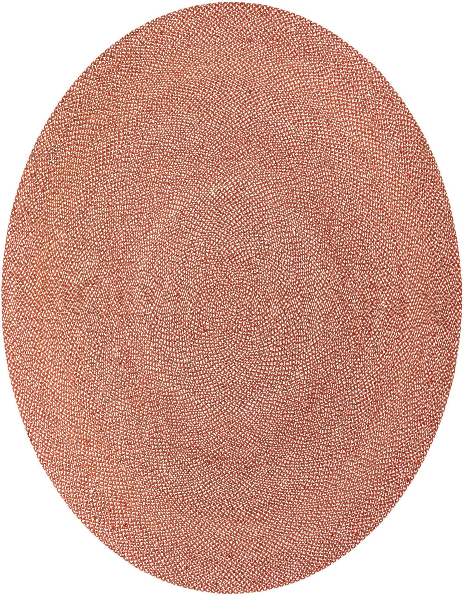 A 10-foot round braided jute rug in shades of orange and red, showcasing its modern, textured weave.