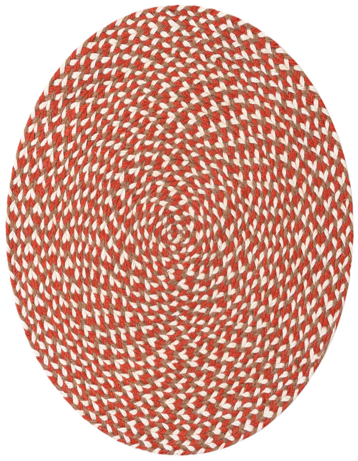 A 2' round braided jute rug in shades of orange, red, and natural brown, featuring a modern concentric spiral design.