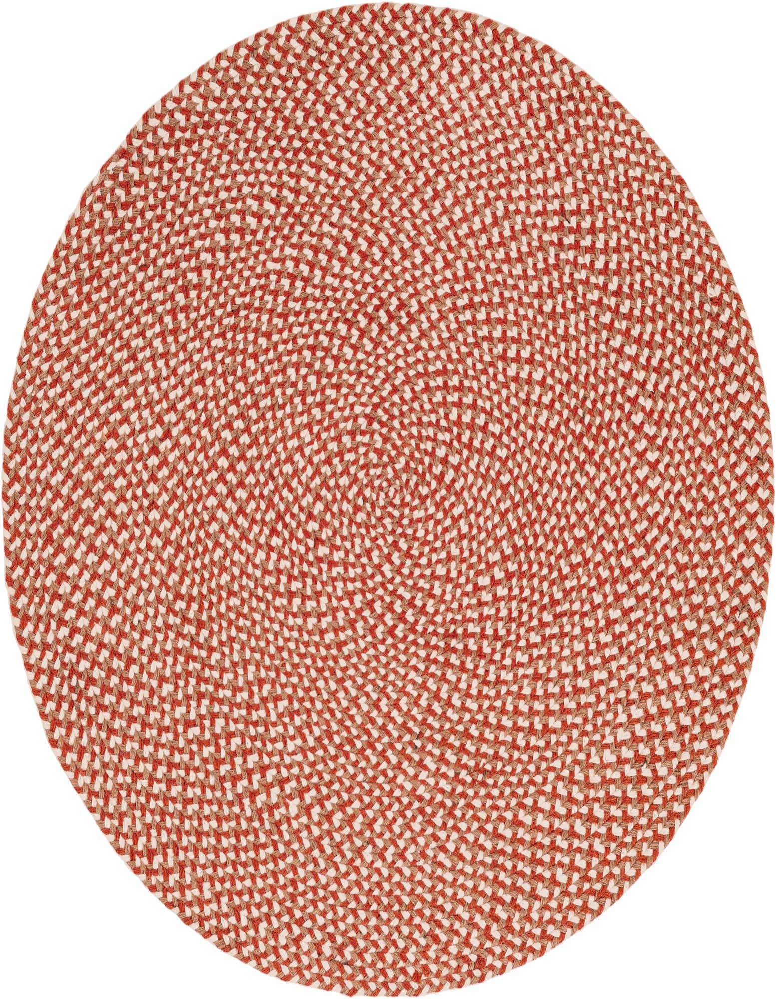 A 3' 1 x 3' 1 round braided jute rug in shades of orange and red, showcasing its textured, handmade weave.