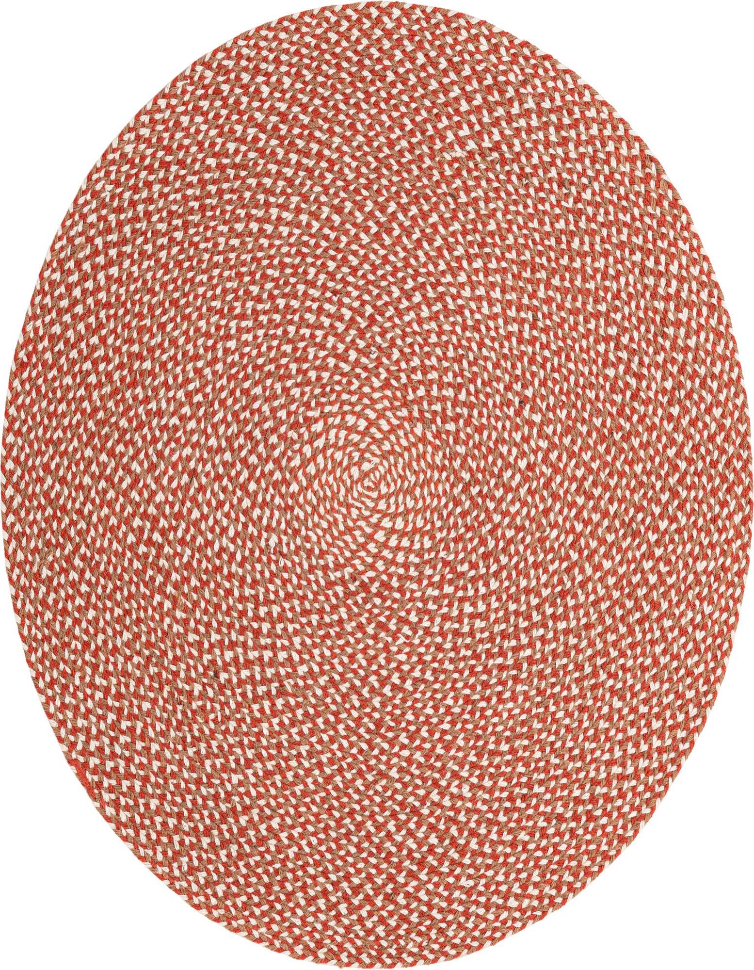 A round, braided jute rug in shades of orange and red, featuring a tightly woven texture.