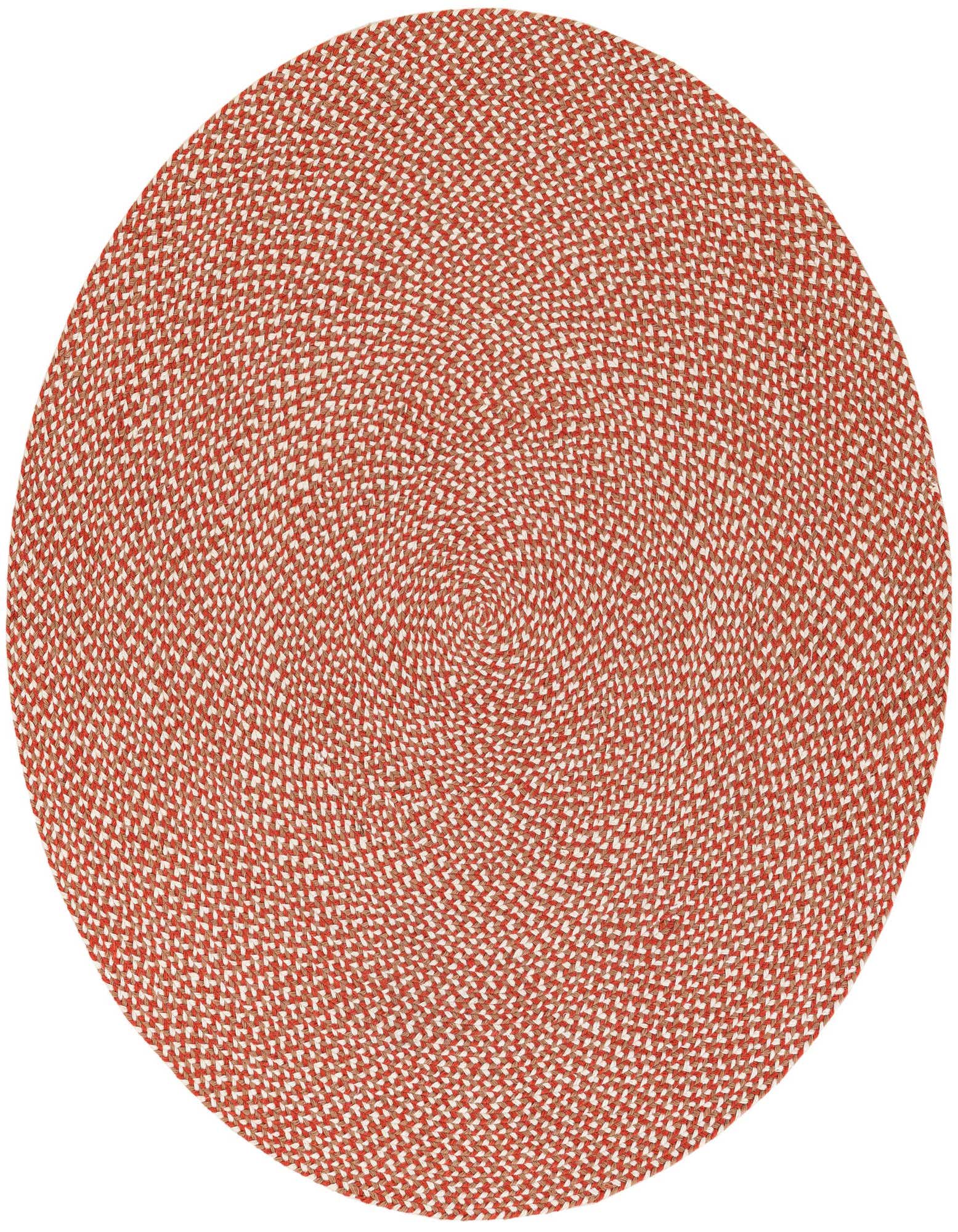 A 5' 1 round braided jute rug in shades of orange and red, featuring a textured, handcrafted weave.